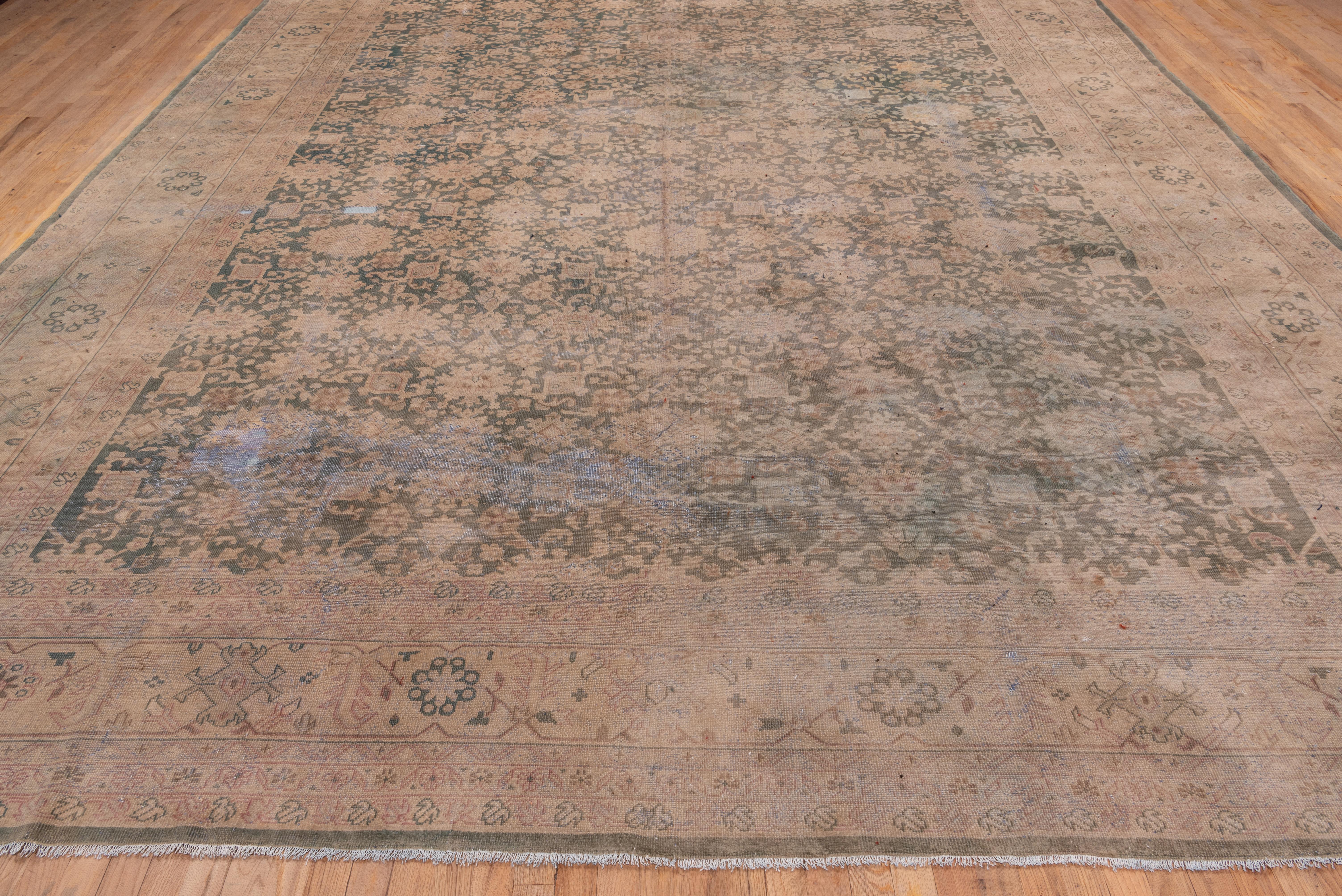 Hand-Knotted Distressed Mahal Carpet, Green Field For Sale