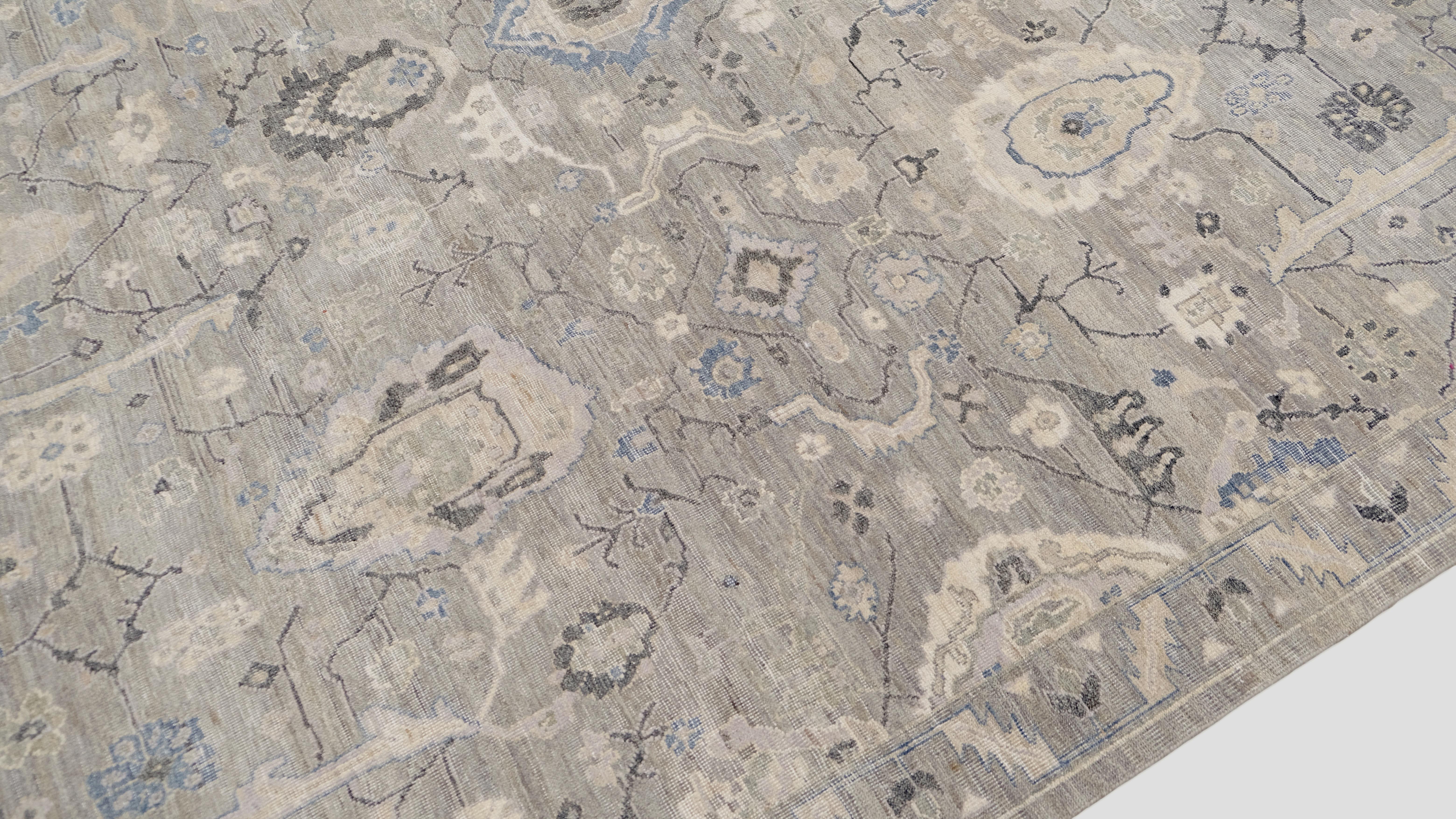 Alfombra de lana Mahal gris y azul envejecida 11'9''x15' Malayer en venta