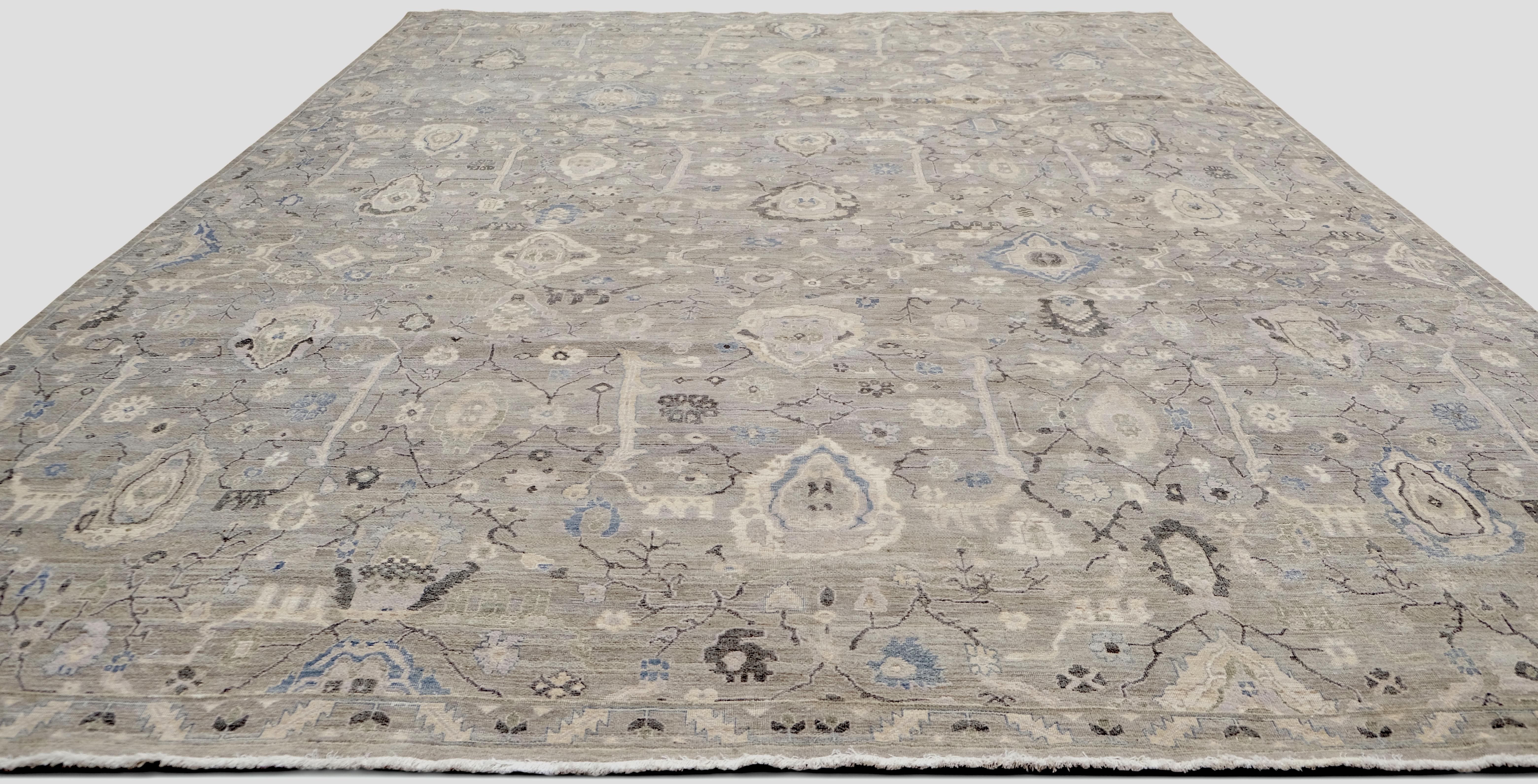 Alfombra de lana Mahal gris y azul envejecida 11'9''x15' Asiático en venta