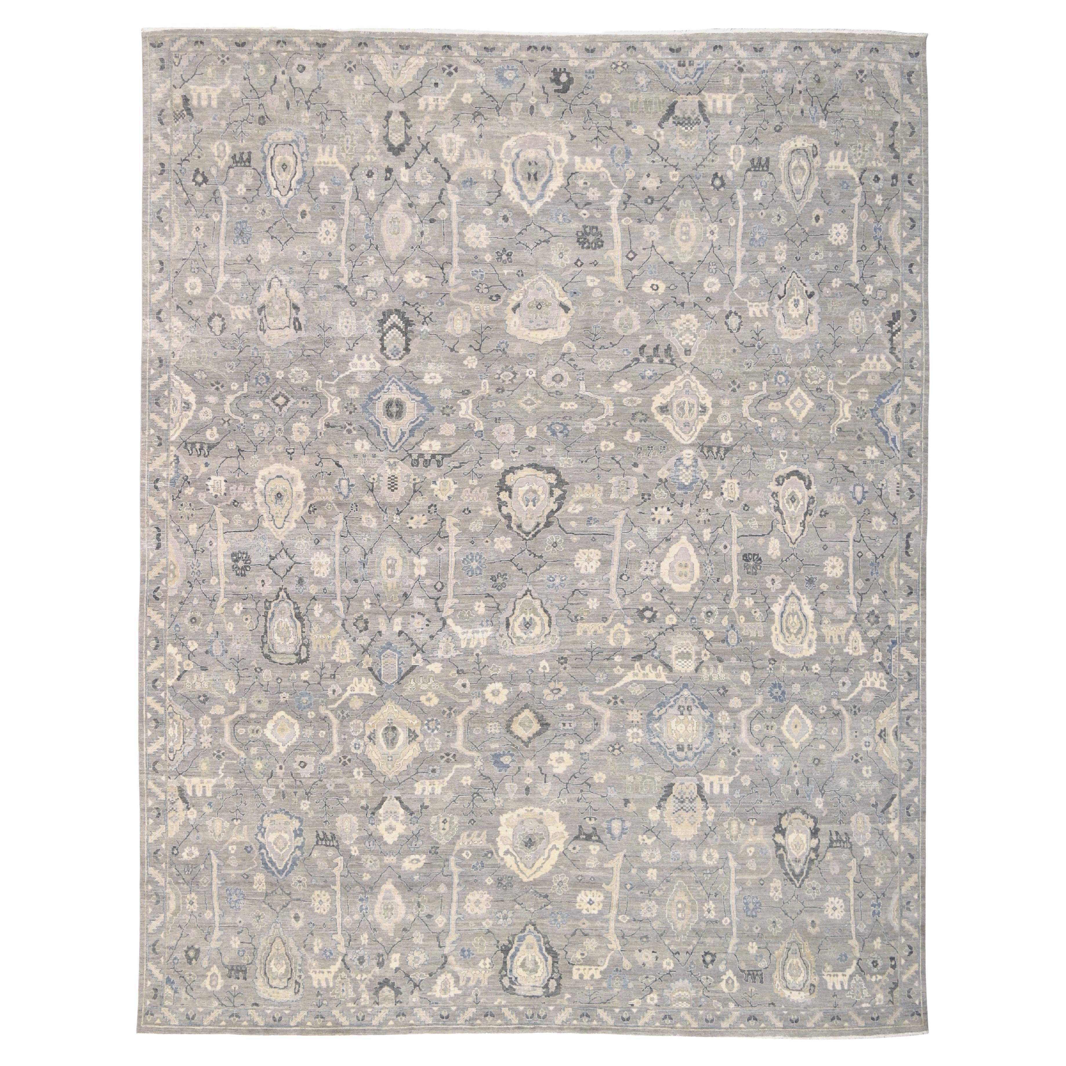 Distressed Mahal Grey and Blue Wool Rug 11'9''x15'