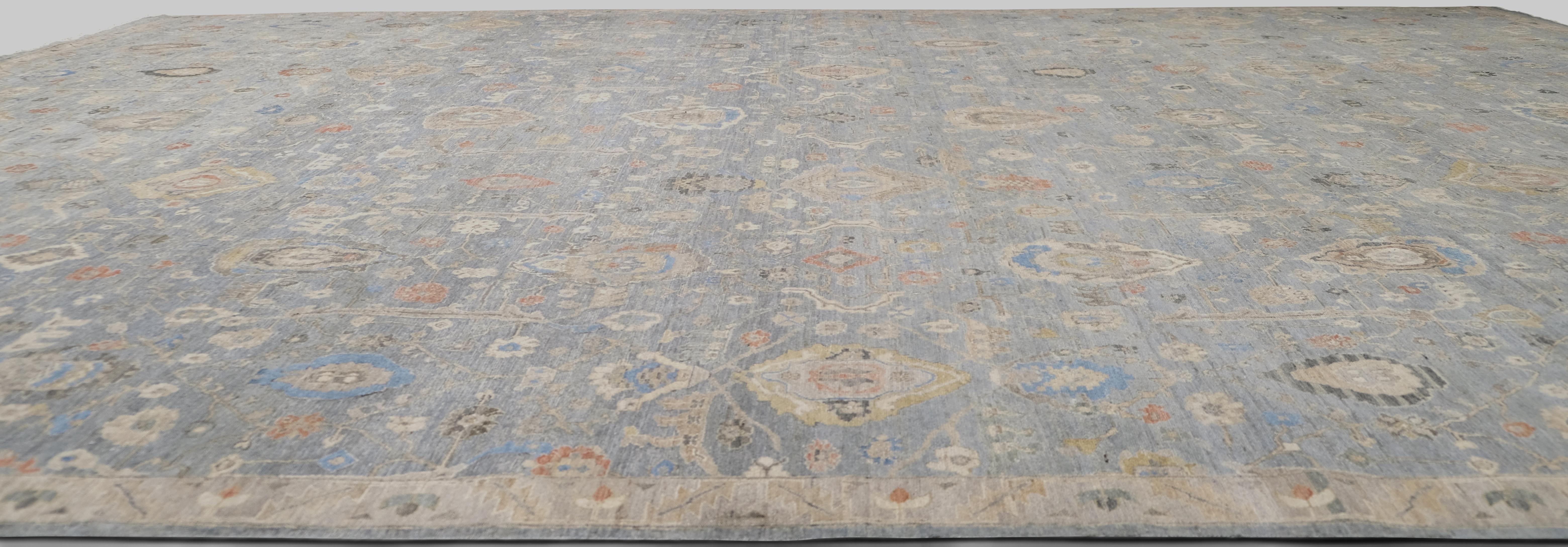 Malayer Tappeto Mahal Avorio e Blu con Lana Colorata Distrutto 14'x19'7'' in vendita
