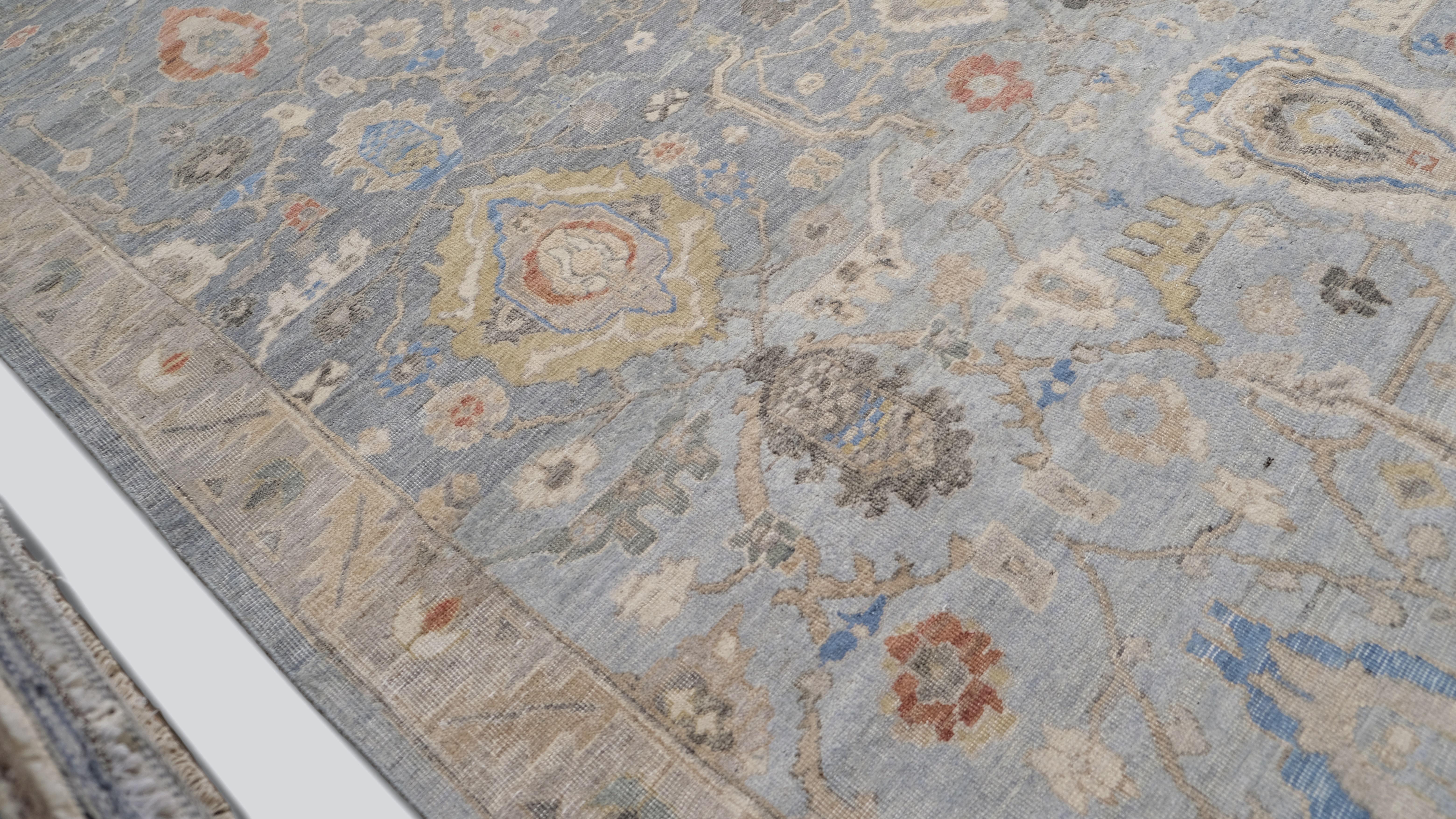 Indiano Tappeto Mahal Avorio e Blu con Lana Colorata Distrutto 14'x19'7'' in vendita