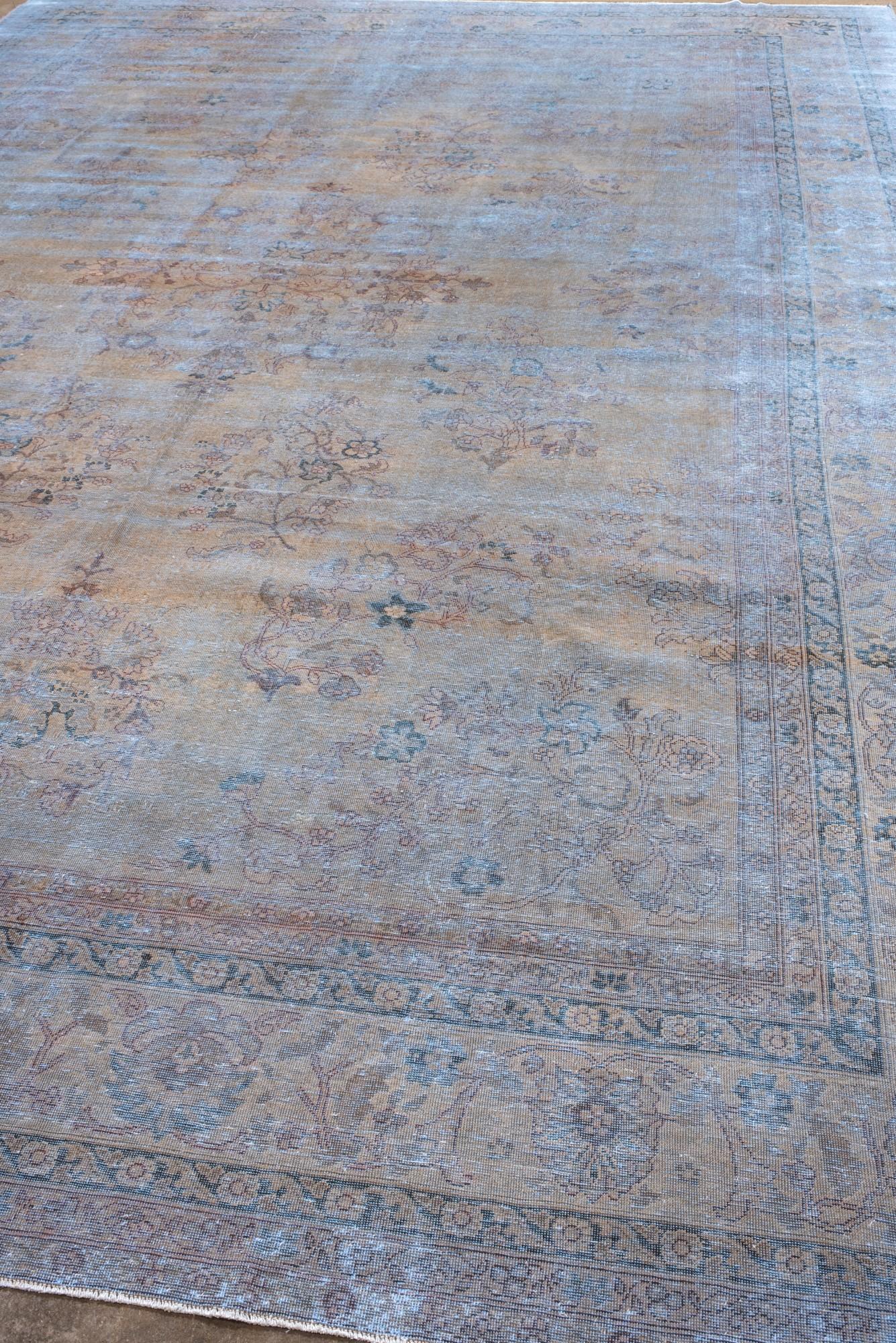 Persian Distressed Mahal With A White and Dark Blue Field and Floral Design For Sale