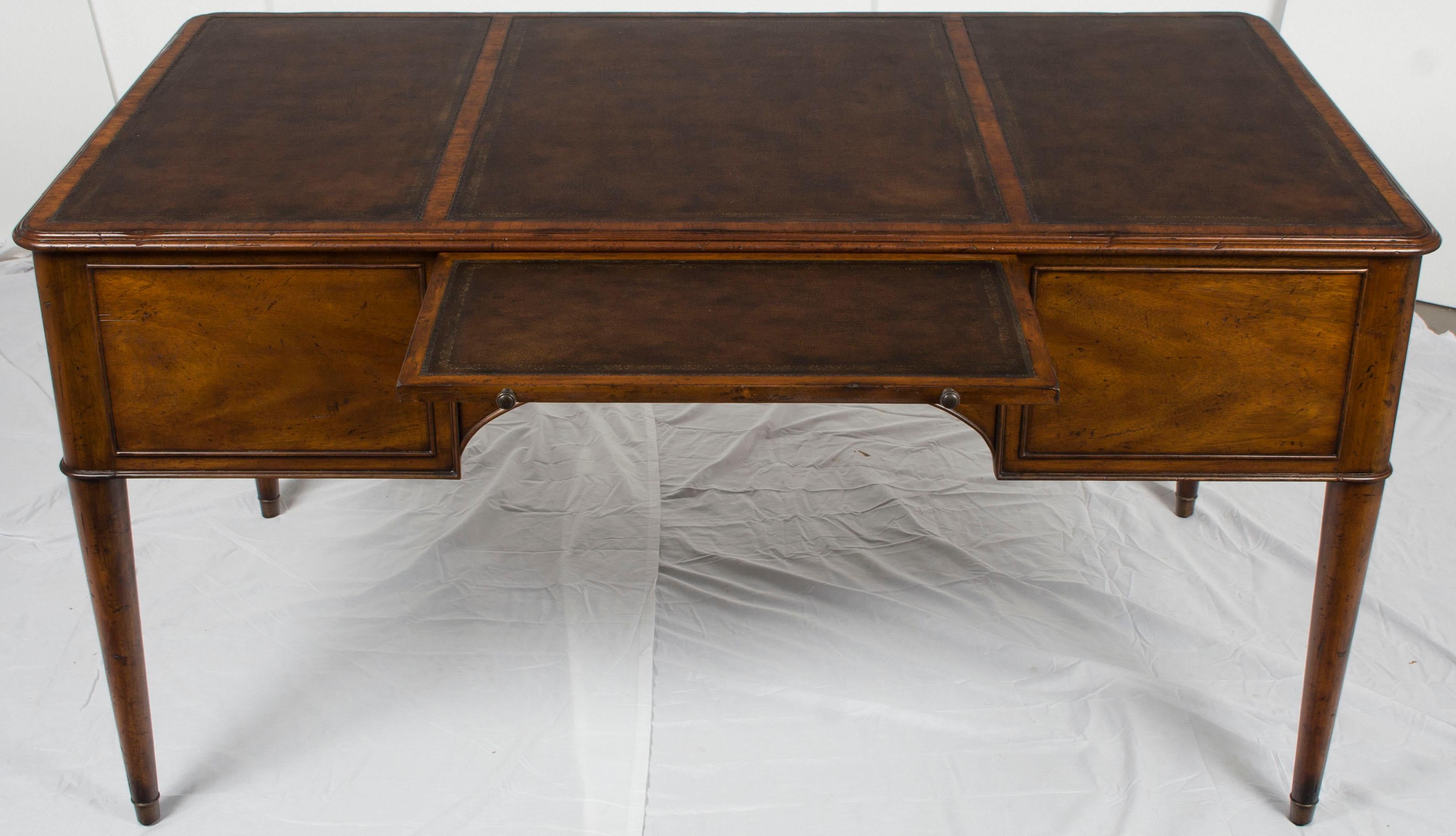 Distressed Mahogany and Brown Leather Five-Drawer Writing Table Desk For Sale 3