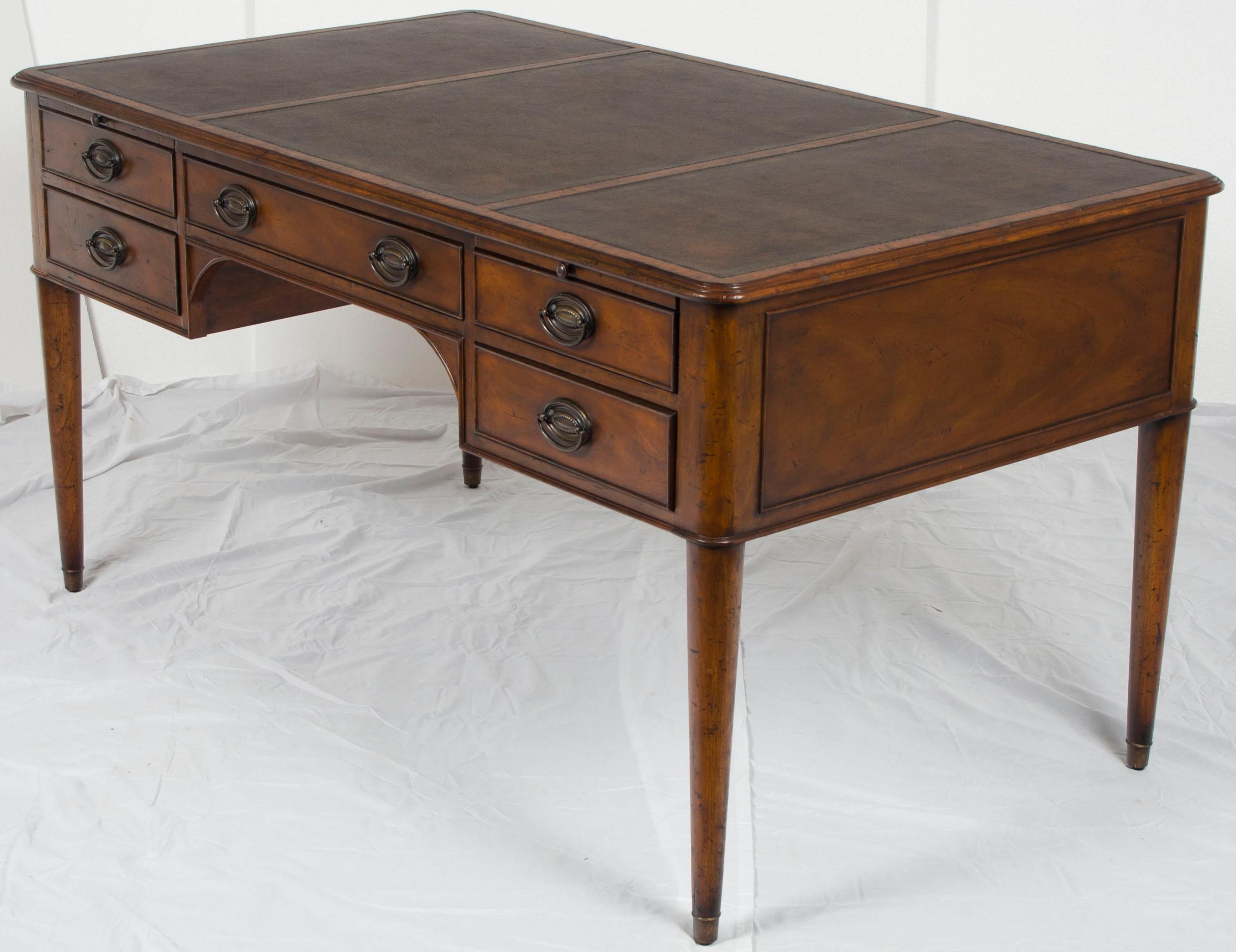Contemporary Distressed Mahogany and Brown Leather Five-Drawer Writing Table Desk For Sale
