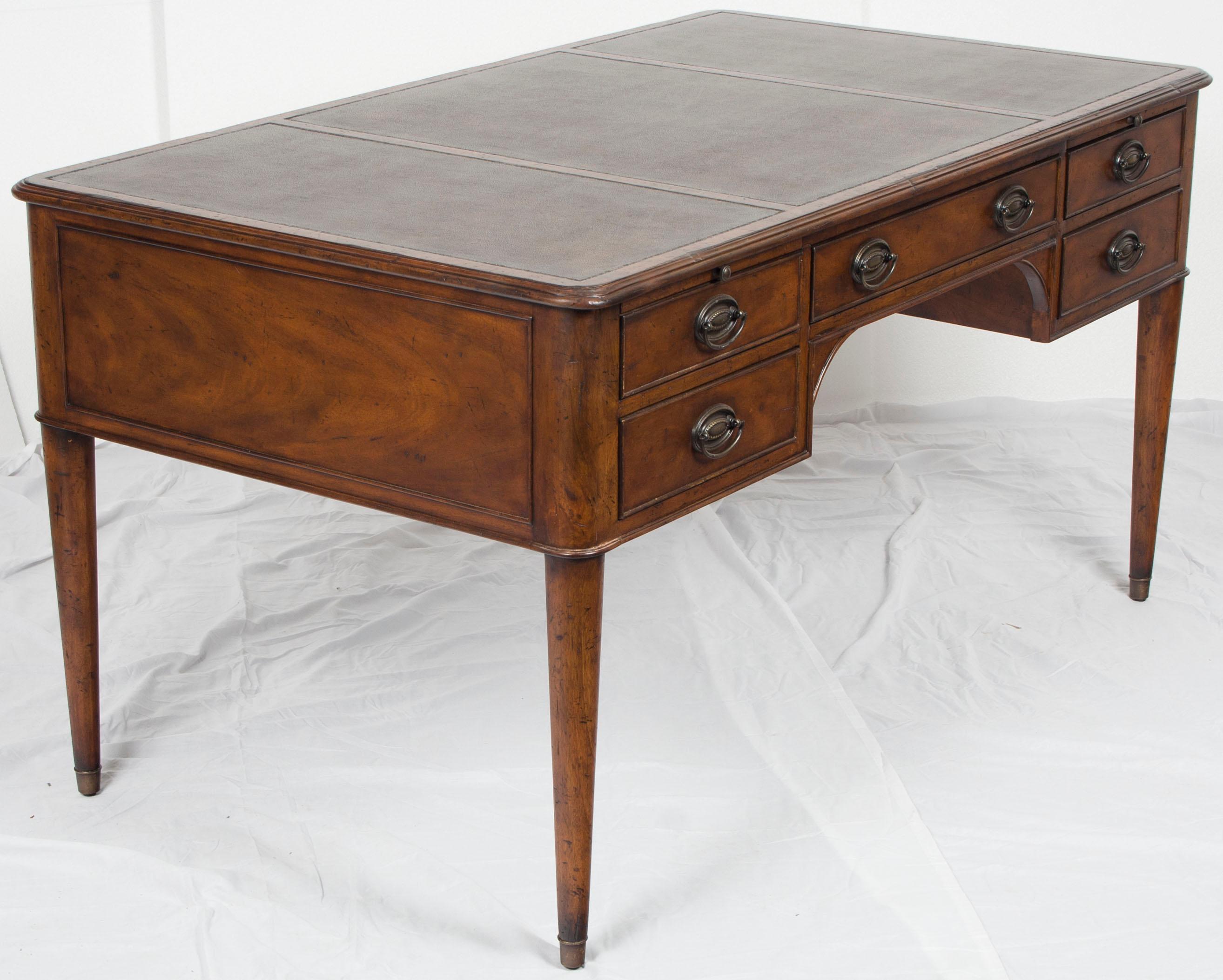 Distressed Mahogany and Brown Leather Five-Drawer Writing Table Desk For Sale 1