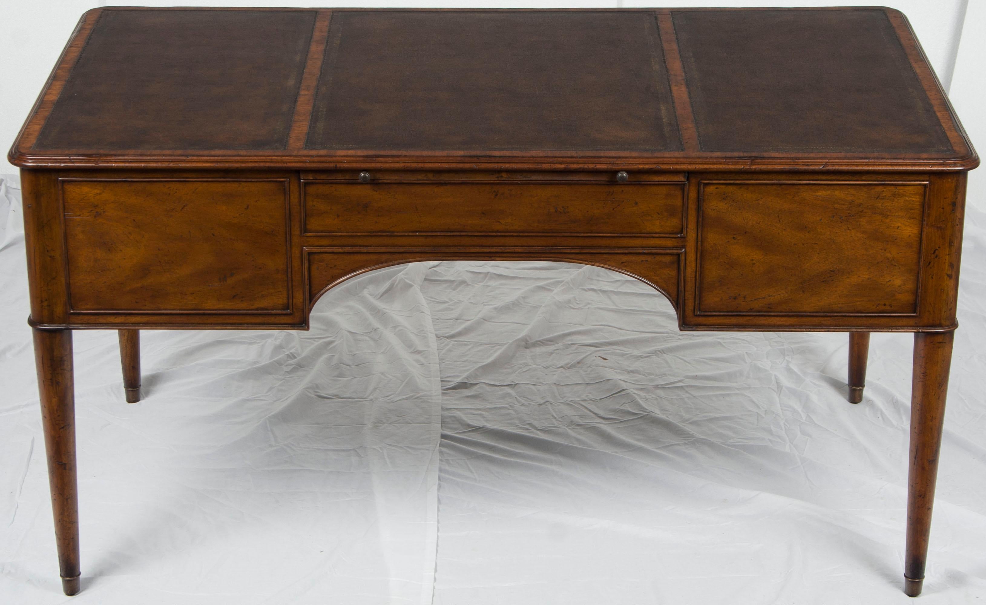 Distressed Mahogany and Brown Leather Five-Drawer Writing Table Desk For Sale 2