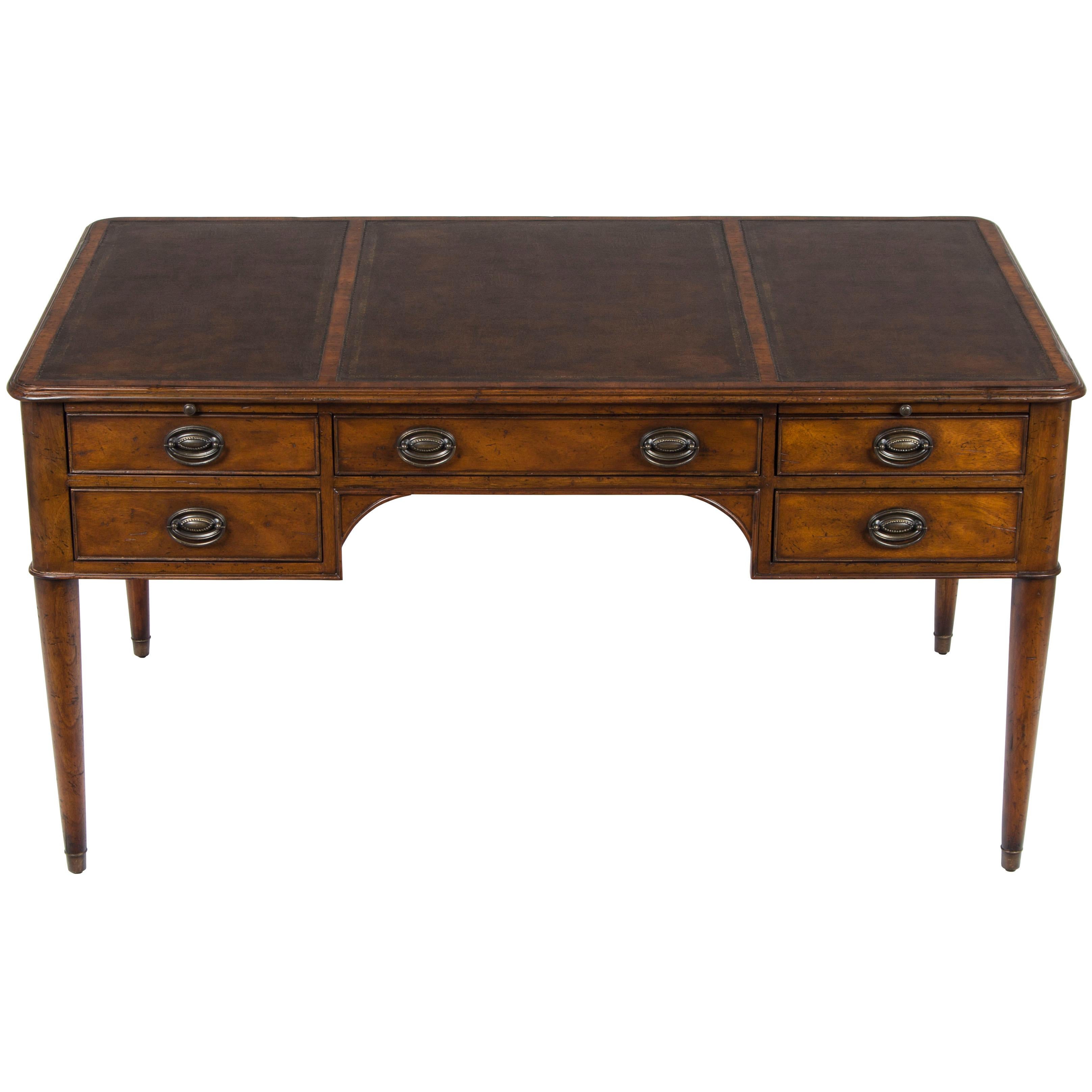 Distressed Mahogany and Brown Leather Five-Drawer Writing Table Desk For Sale
