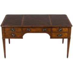 Distressed Mahogany and Brown Leather Five-Drawer Writing Table Desk