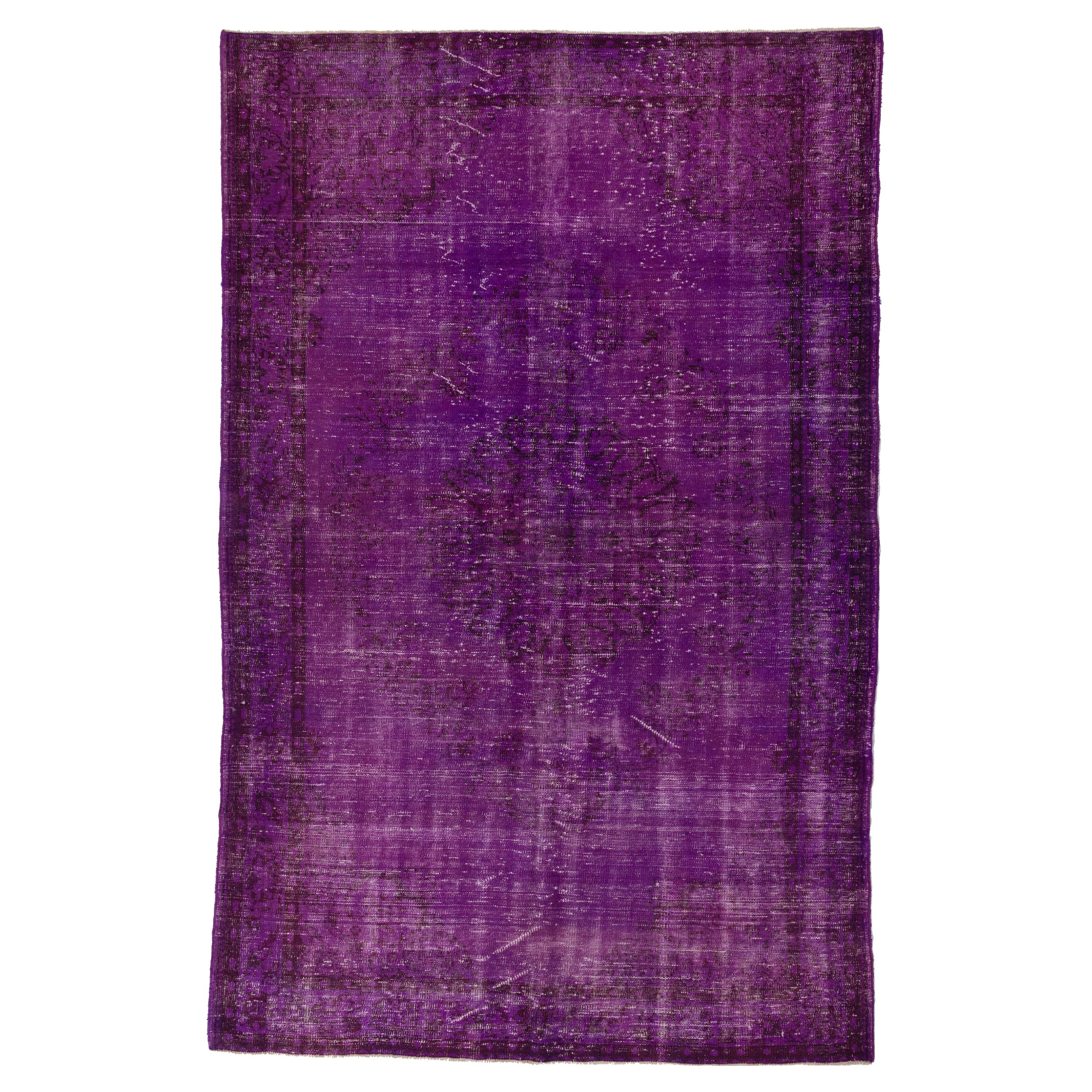 6.5x10 Ft Vintage Turkish Area Rug Over-Dyed in Purple for Modern Interiors For Sale