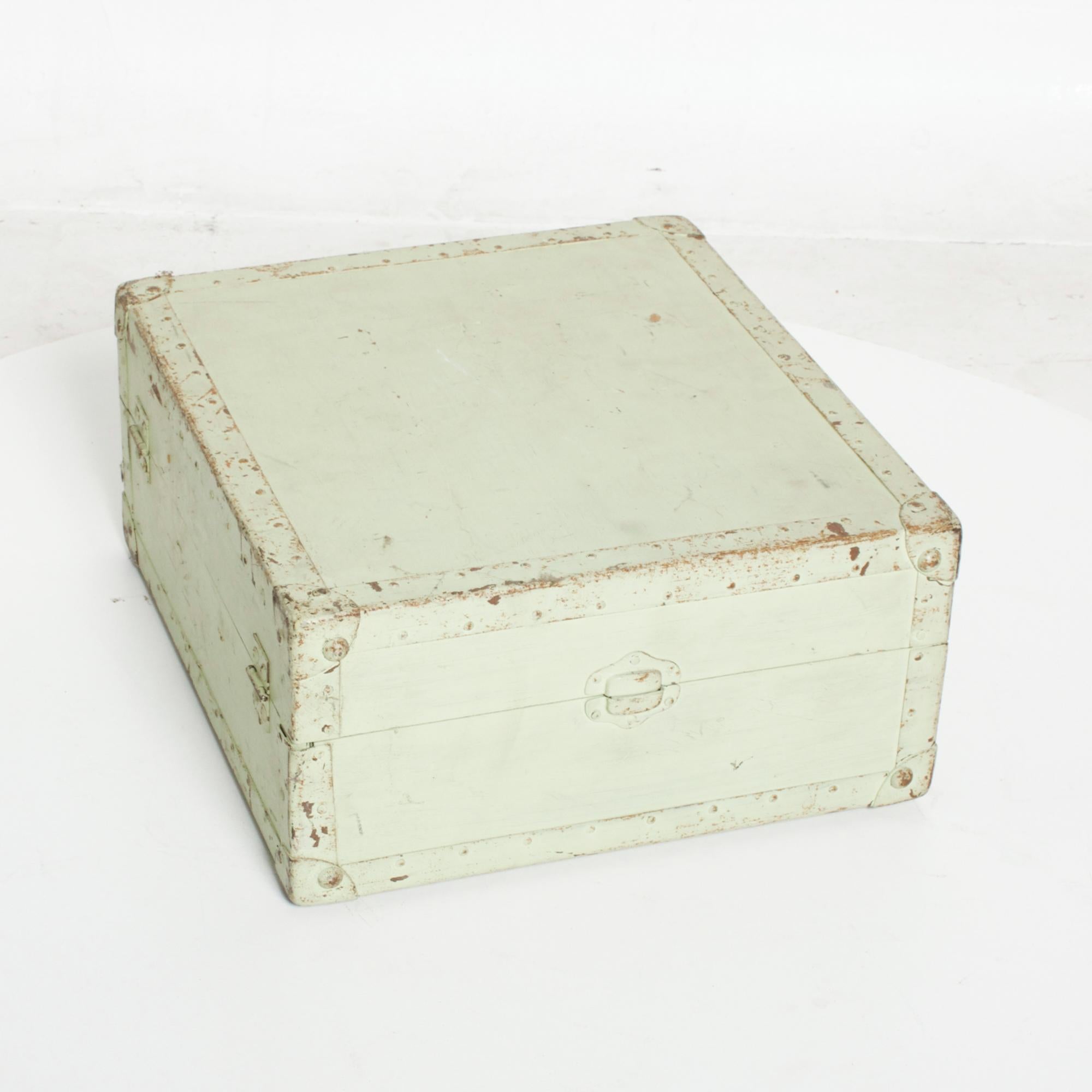 Industrial 1940s Distressed Military Light Green Wood Ammo Box + Leather Handle Carry Case 