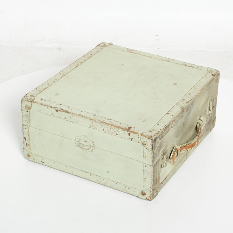 Distressed Military Light Green Wood Ammo Box + Leather Handle Carry Case 1940s For Sale at