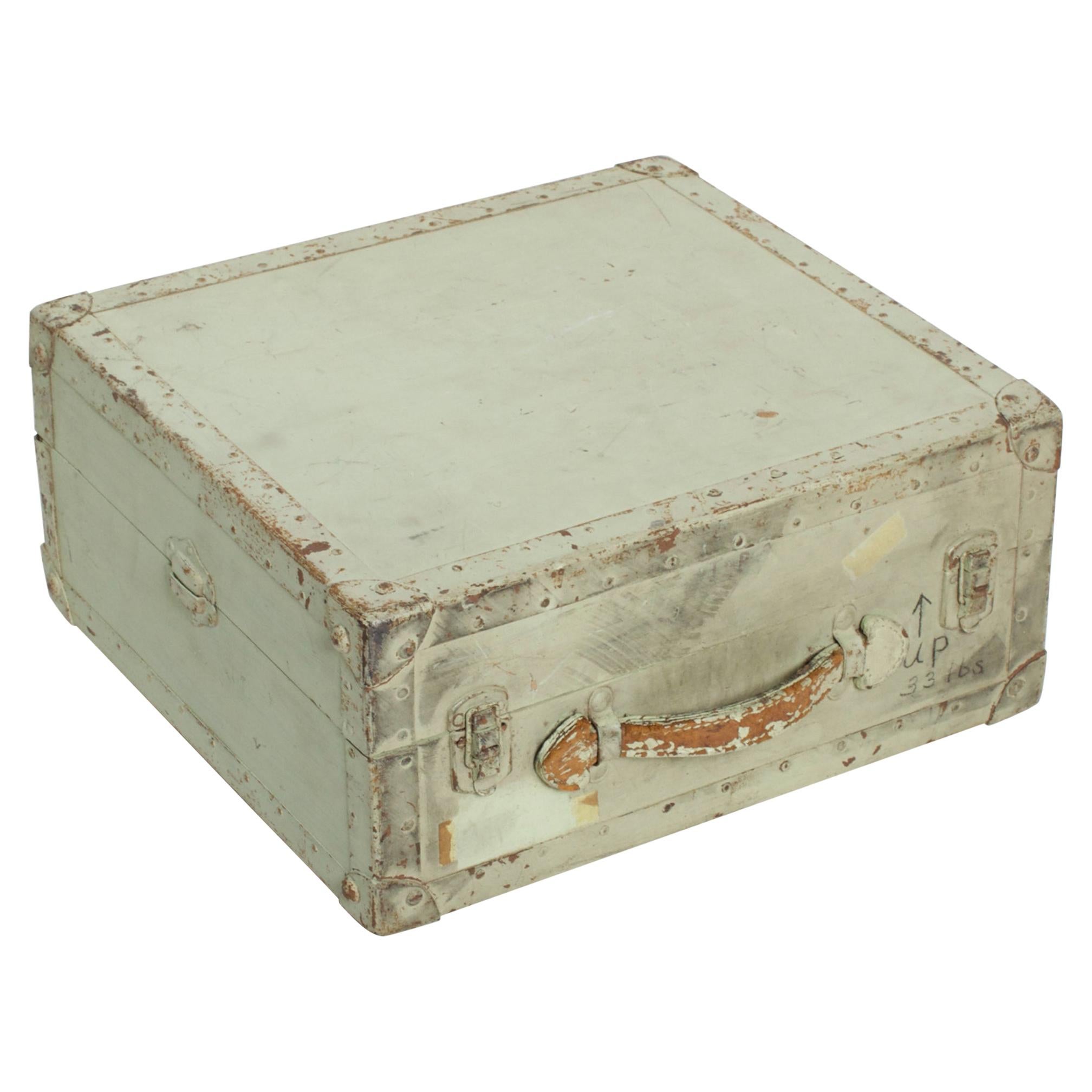 1940s Distressed Military Light Green Wood Ammo Box + Leather Handle Carry Case 