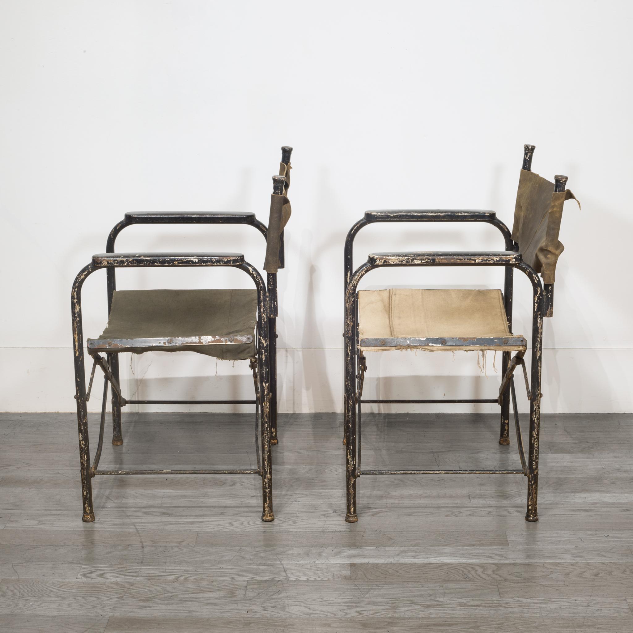 These are original all metal military folding director's chairs with canvas seats and backs. The chairs fold up easily and have retained much of their original paint. Both chairs's seats have been reenforced with extra fabric added. 

Price is per