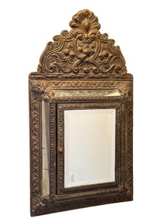 Armario de pared con espejo envejecido, madera cubierta de latón Antiguo 1890s