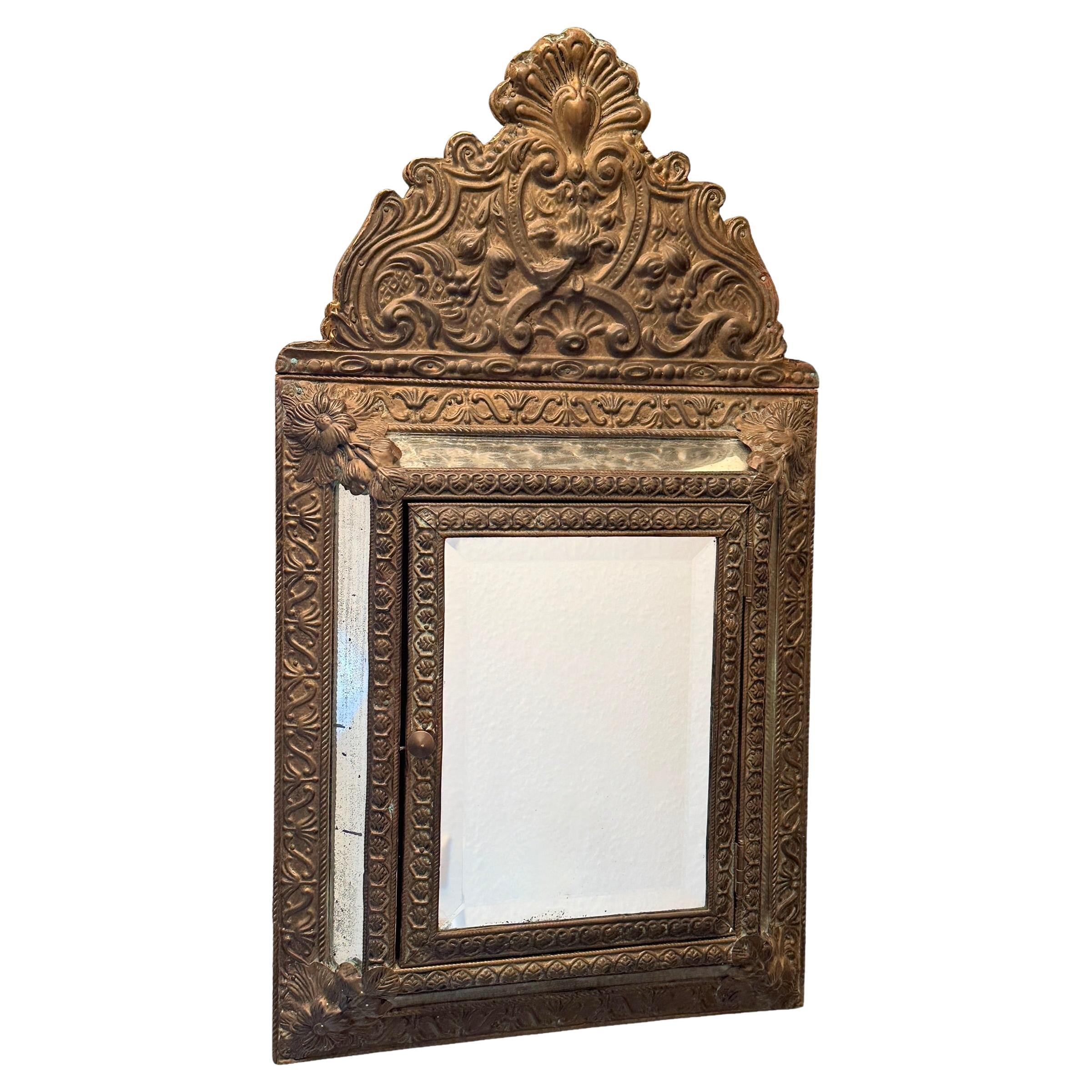 Distressed Mirrored Wall Cabinet, Wood Brass Covered Antique 1890s