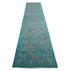 Distressed Modern Afghan 4x19 Teal & White Handmade Hallway Runner Rug
