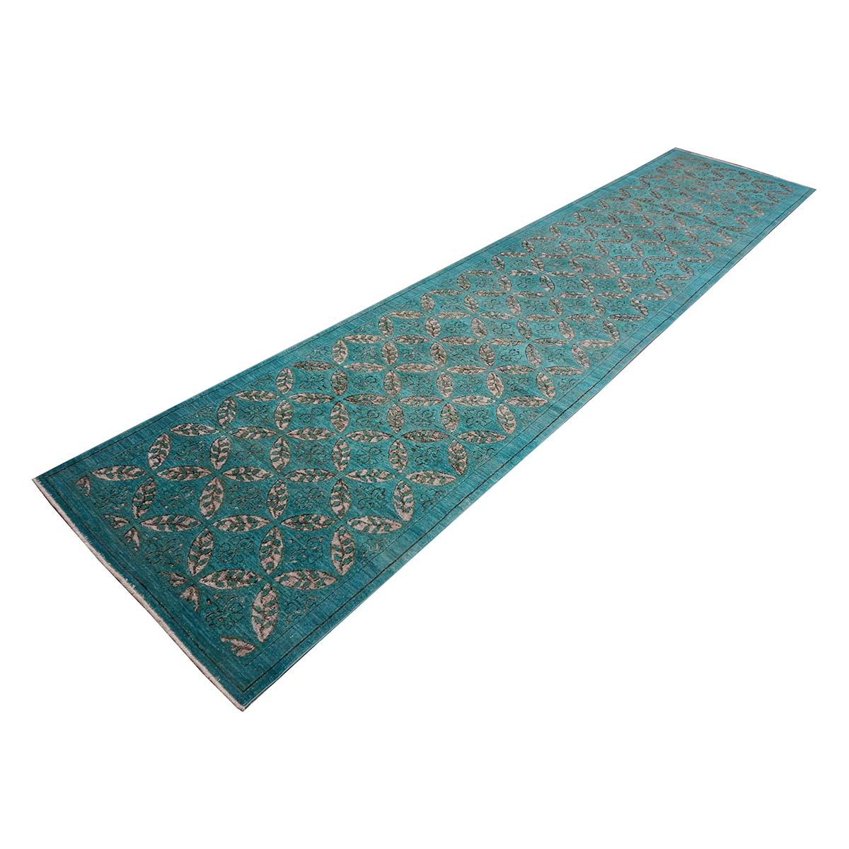 Distressed Modern Afghan 4x19 Teal & White Handmade Hallway Runner Rug In Excellent Condition For Sale In Houston, TX