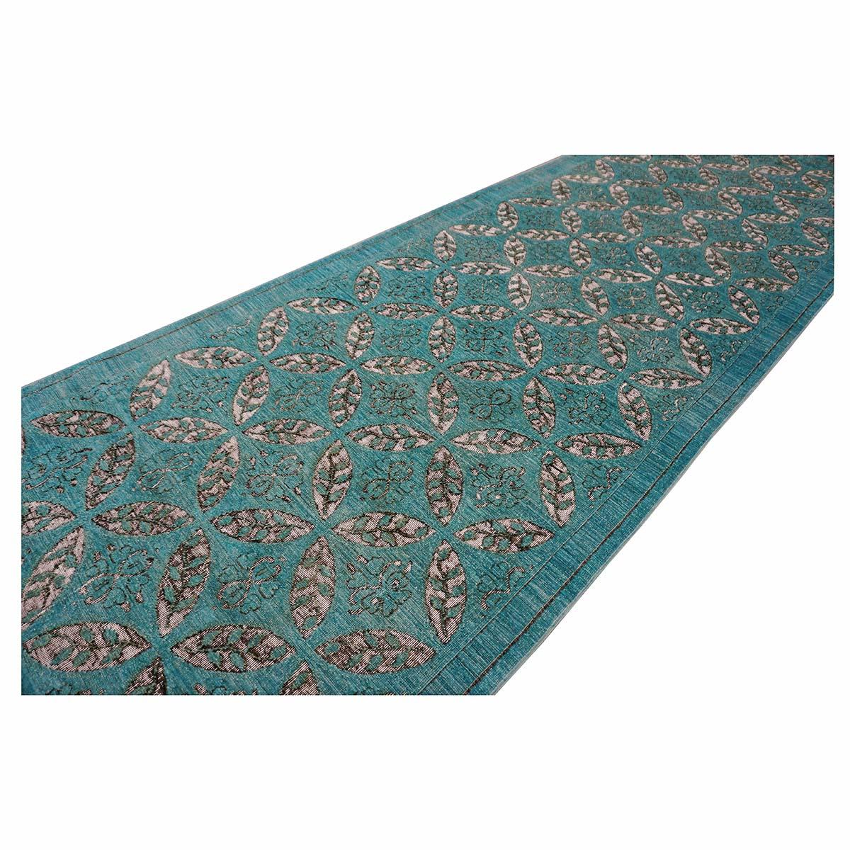 Contemporary Distressed Modern Afghan 4x19 Teal & White Handmade Hallway Runner Rug For Sale