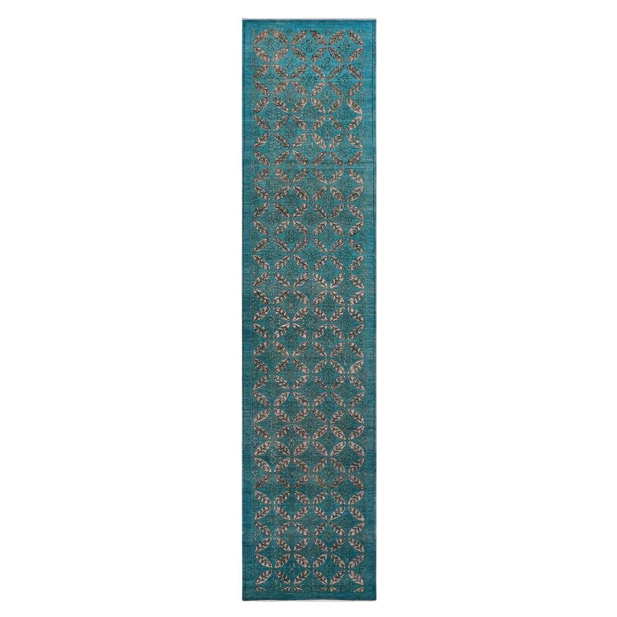 Tapis de couloir afghan moderne vieilli 4x19, blanc et sarcelle, fait à la main en vente