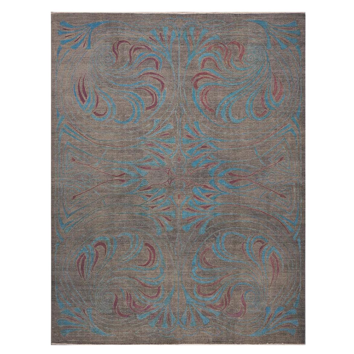Distressed Modern Afghan 9x12 Grey, Blue, & Purple Handmade Area Rug For Sale