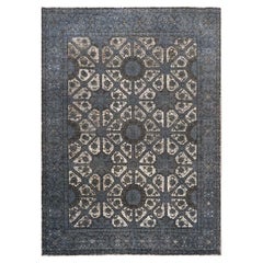 Moderner afghanischer 9x12 handgefertigter Teppich aus Schiefer, Weiß und Schwarz im Used-Look