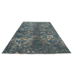 Distressed Modern Afghan 9x12 Teal Blue & White Handmade Area Rug