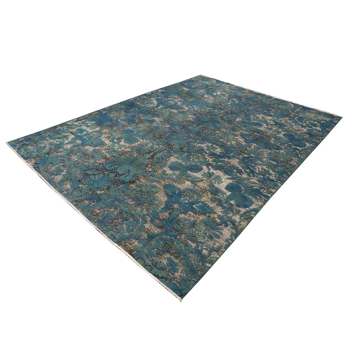 Hand-Woven Distressed Modern Afghan 9x12 Teal Blue & White Handmade Area Rug For Sale