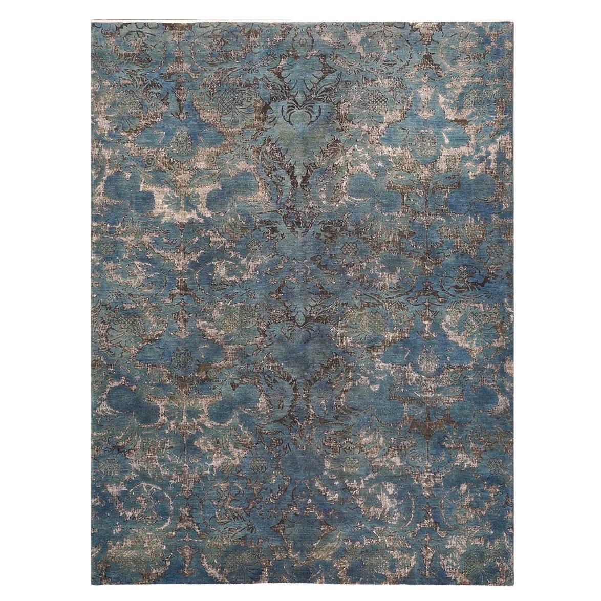 Tapis afghan moderne vieilli 9x12 bleu sarcelle et blanc fait à la main