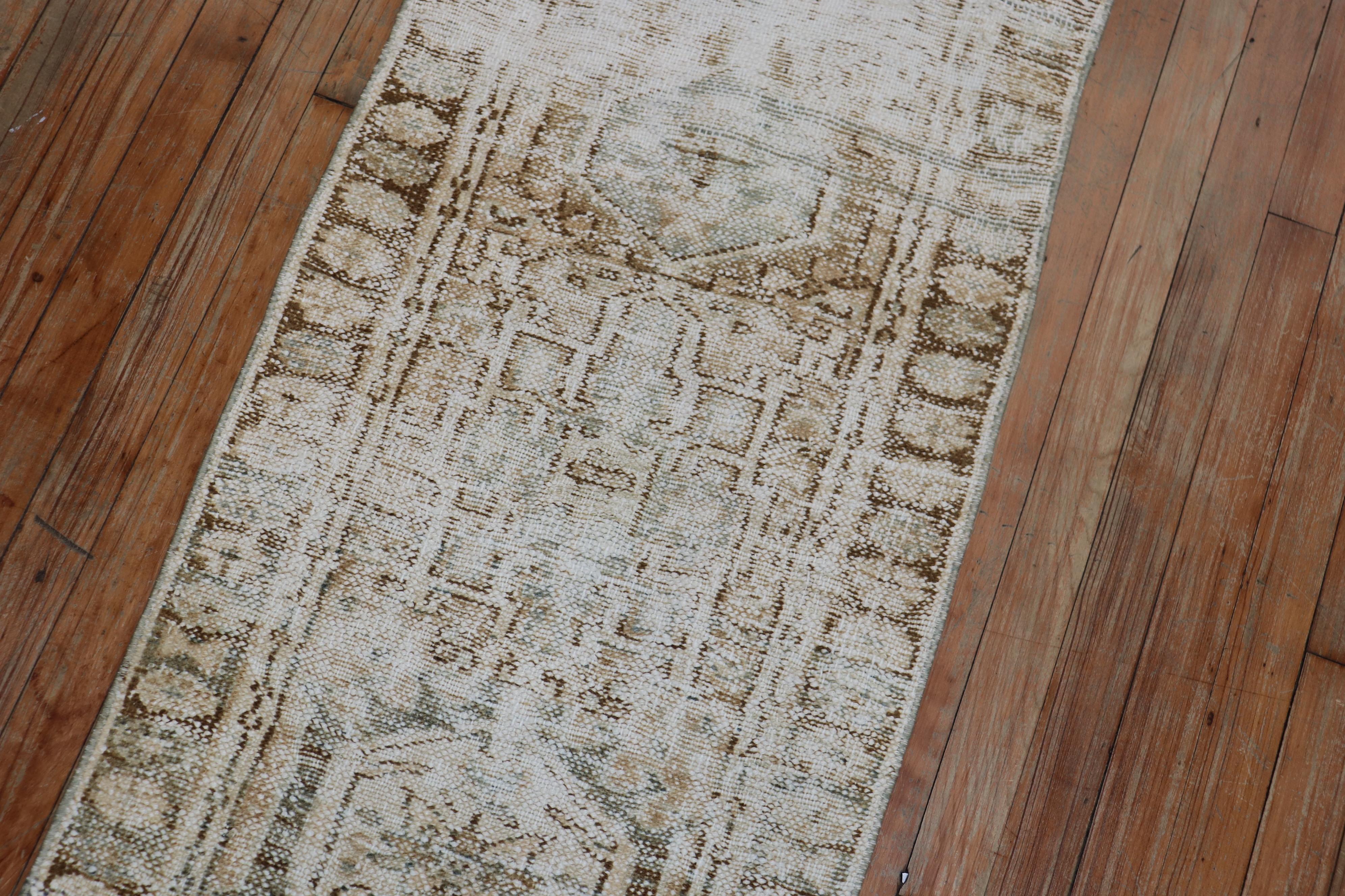 Rustic Distressed Narrow Neutral Persian Heriz 20th Century Runner For Sale