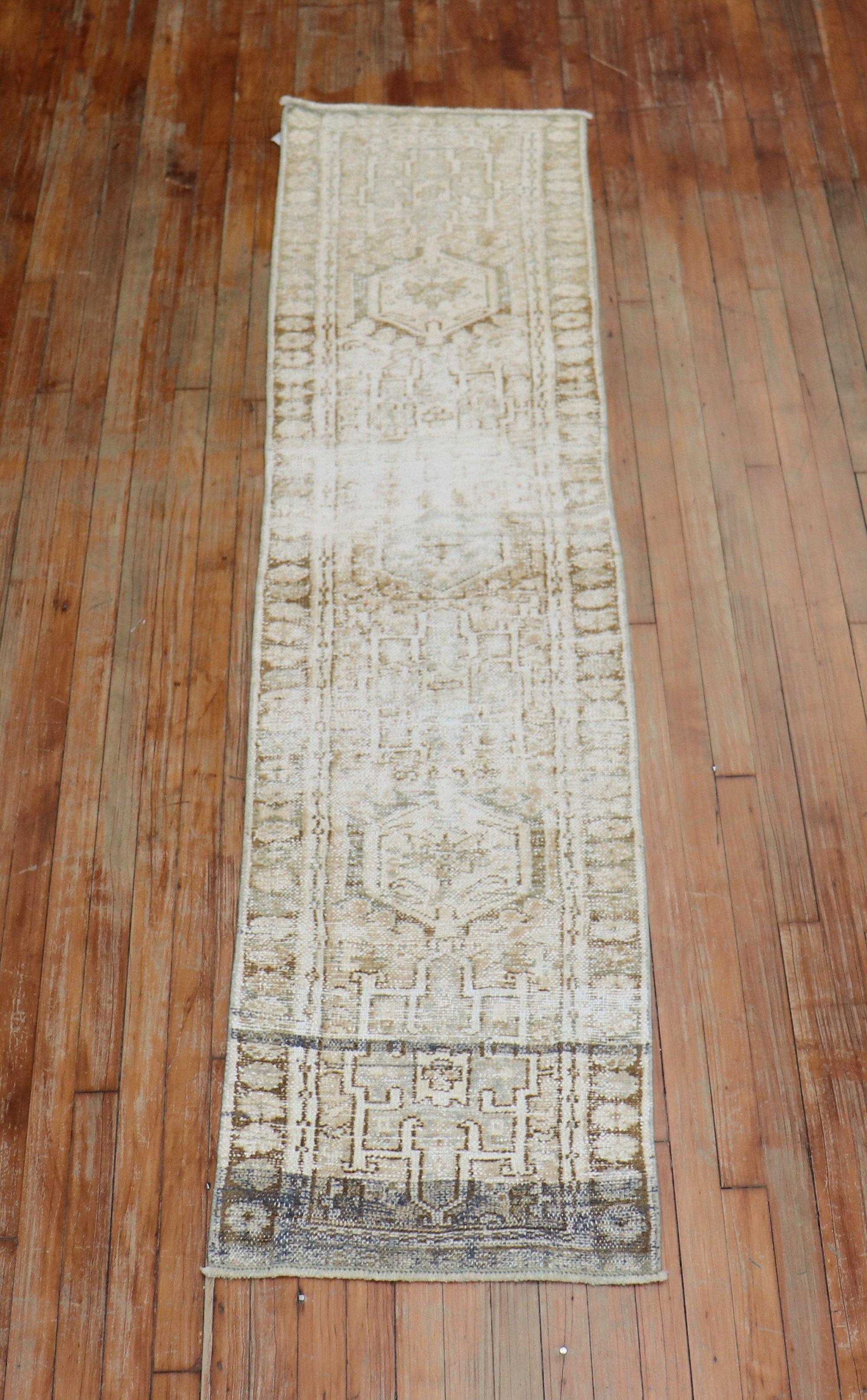 Wool Distressed Narrow Neutral Persian Heriz 20th Century Runner For Sale