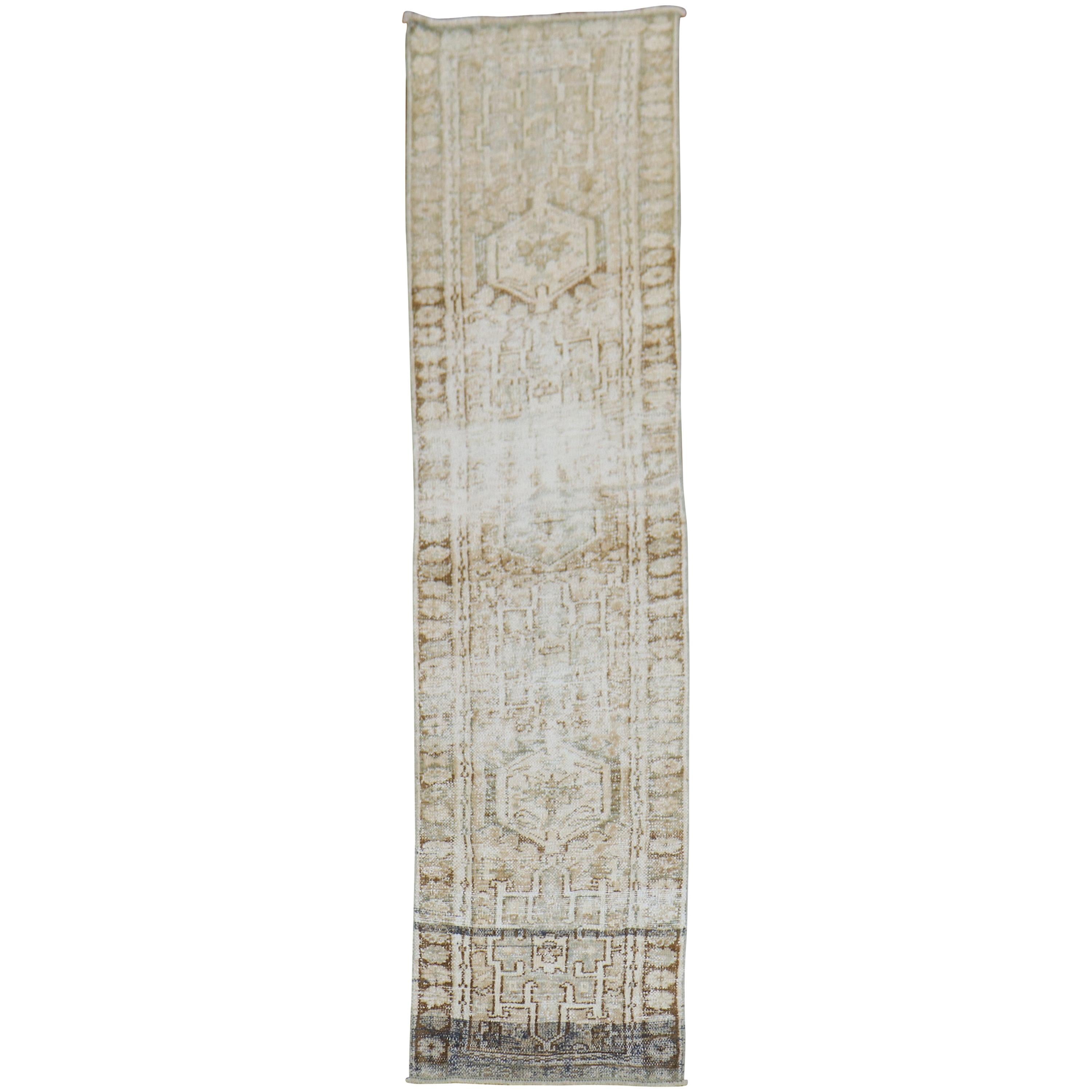 Distressed Narrow Neutral Persian Heriz 20th Century Runner For Sale