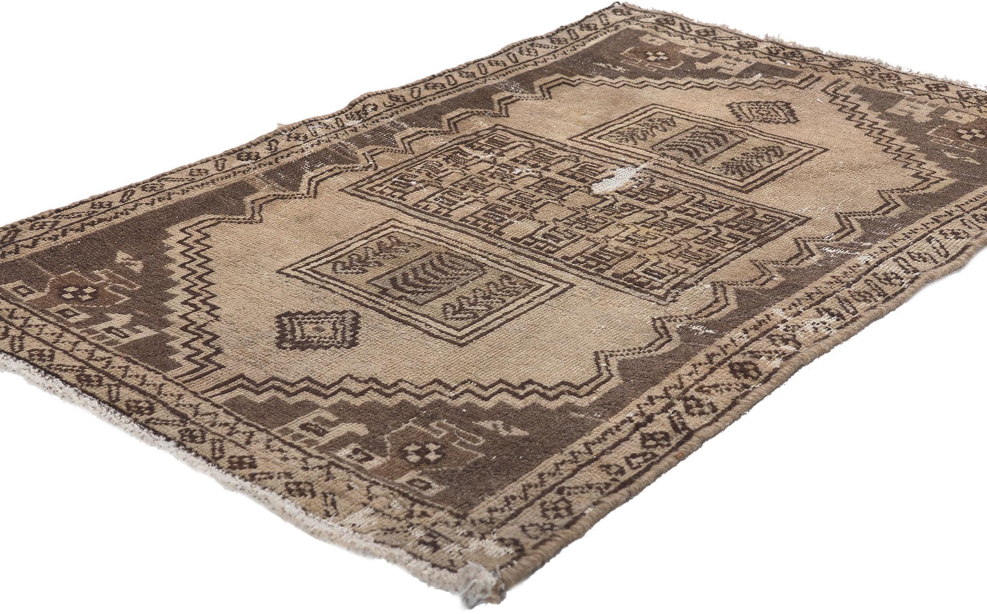 78580 Antique Worn Persian Hamadan Rug, 02'00 x 03'00.
Nomadic charm meets rustic finesse in this distressed antique Persian Hamadan rug. The  tribal design and earthy colorway woven into this piece work together creating a curated lived-in look