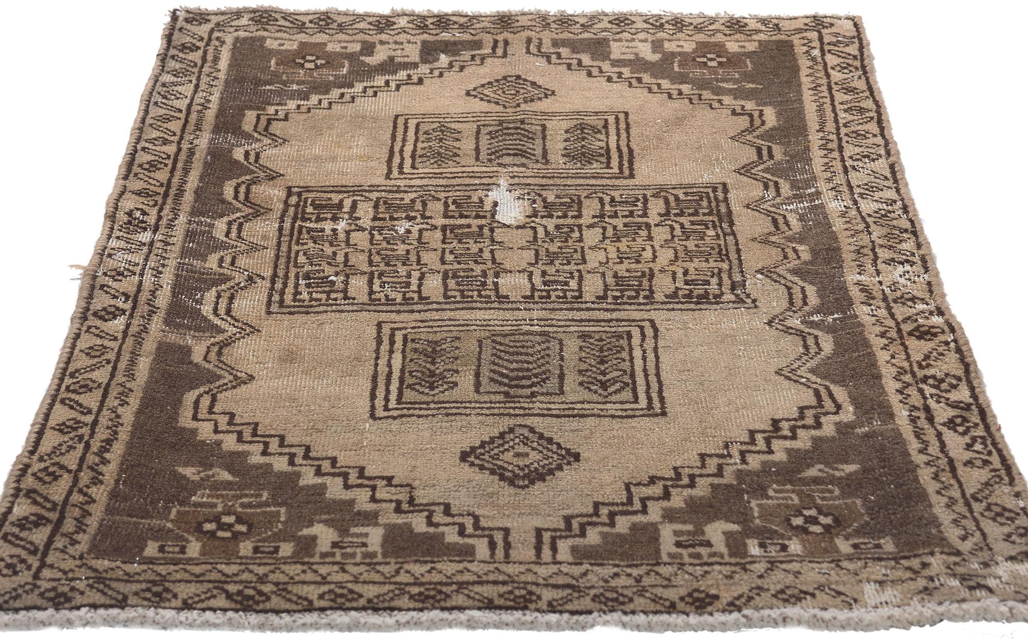 Hand-Knotted Distressed Neutral Antique Persian Rug, Nomadic Charm Meets Rustic Finesse For Sale