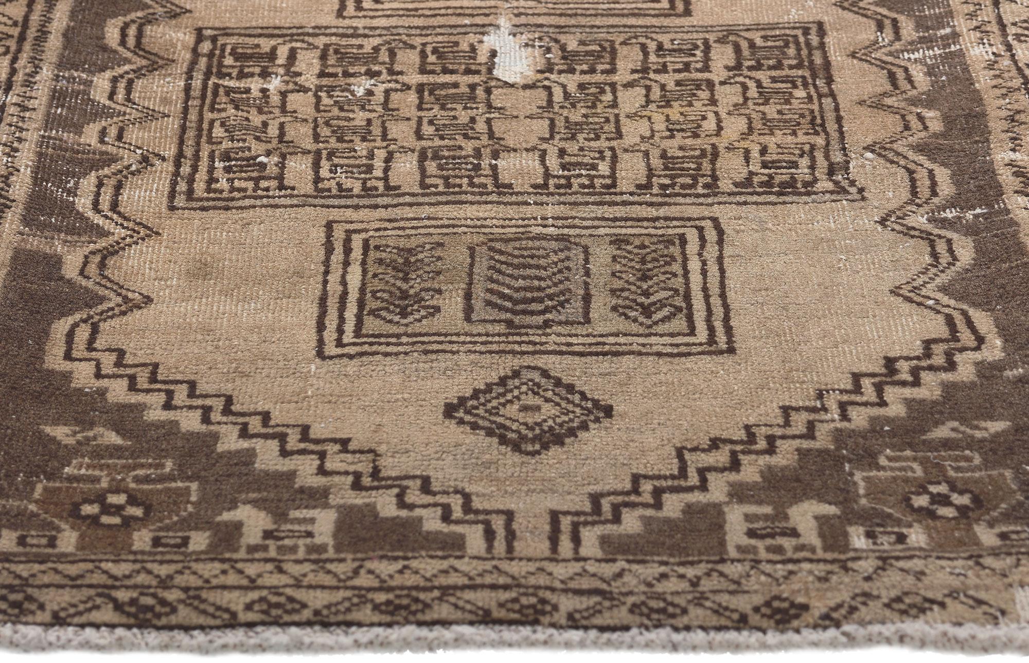 Distressed Neutral Antique Persian Rug, Nomadic Charm Meets Rustic Finesse In Distressed Condition For Sale In Dallas, TX