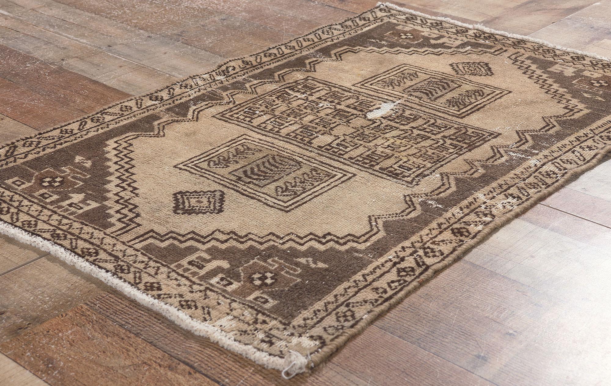 Distressed Neutral Antique Persian Rug, Nomadic Charm Meets Rustic Finesse For Sale 1