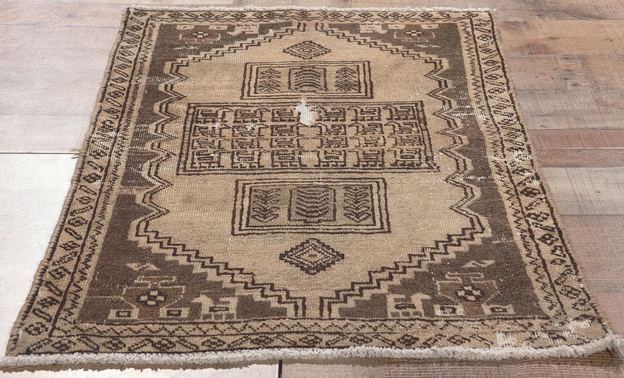 Distressed Neutral Antique Persian Rug, Nomadic Charm Meets Rustic Finesse For Sale 2