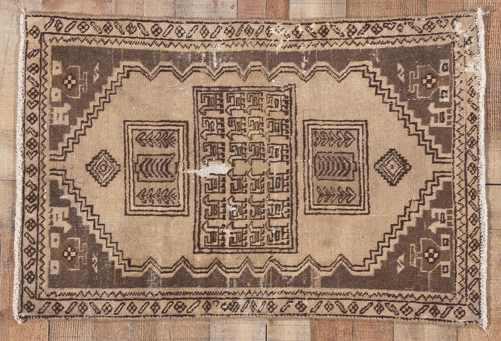 Distressed Neutral Antique Persian Rug, Nomadic Charm Meets Rustic Finesse For Sale 2