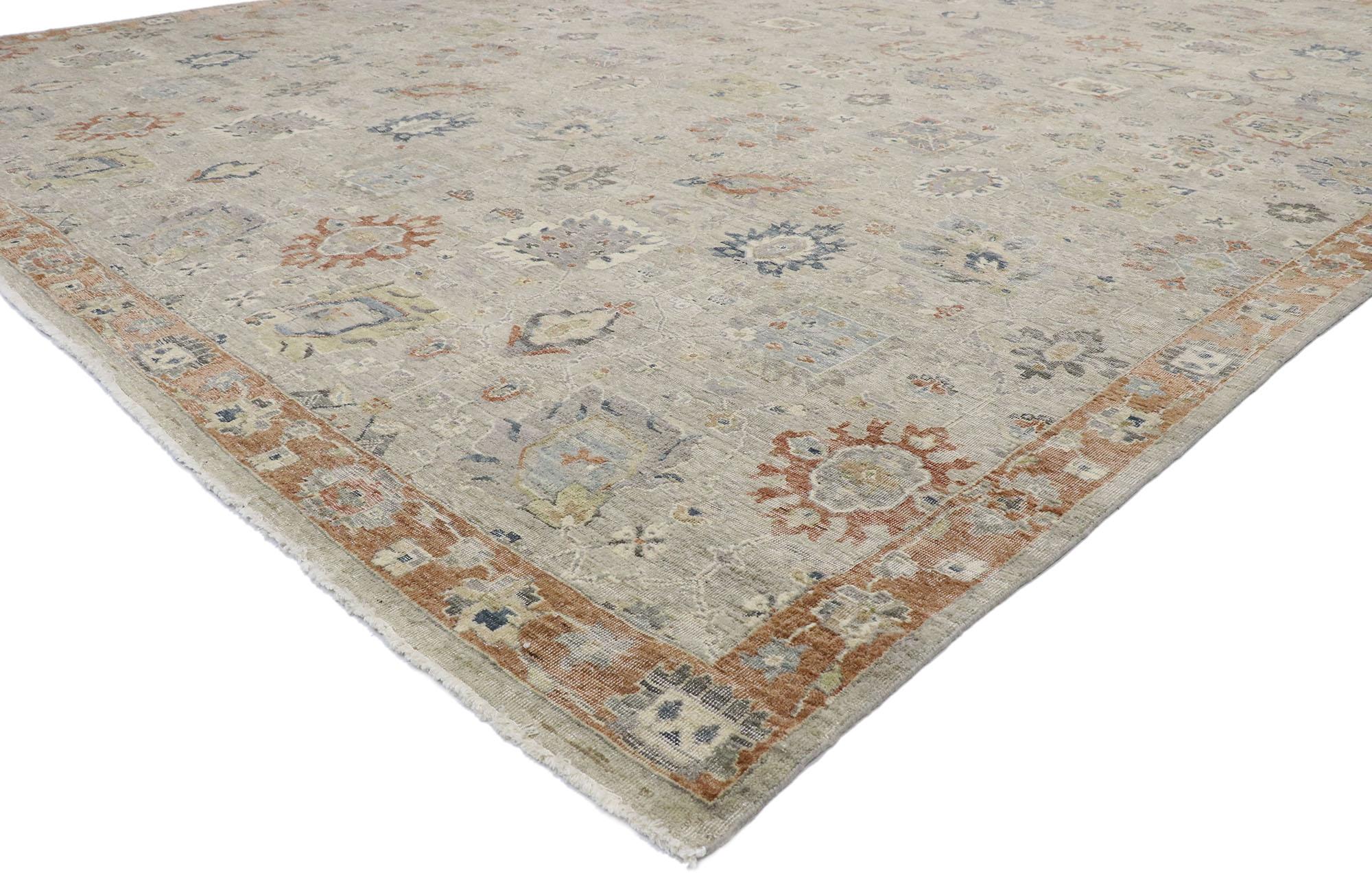 30629, distressed new contemporary Oushak style rug with rustic modern design. This hand-knotted wool new contemporary Oushak-style rug features an all-over botanical pattern spread across an abrashed and distressed light gray field. An array of