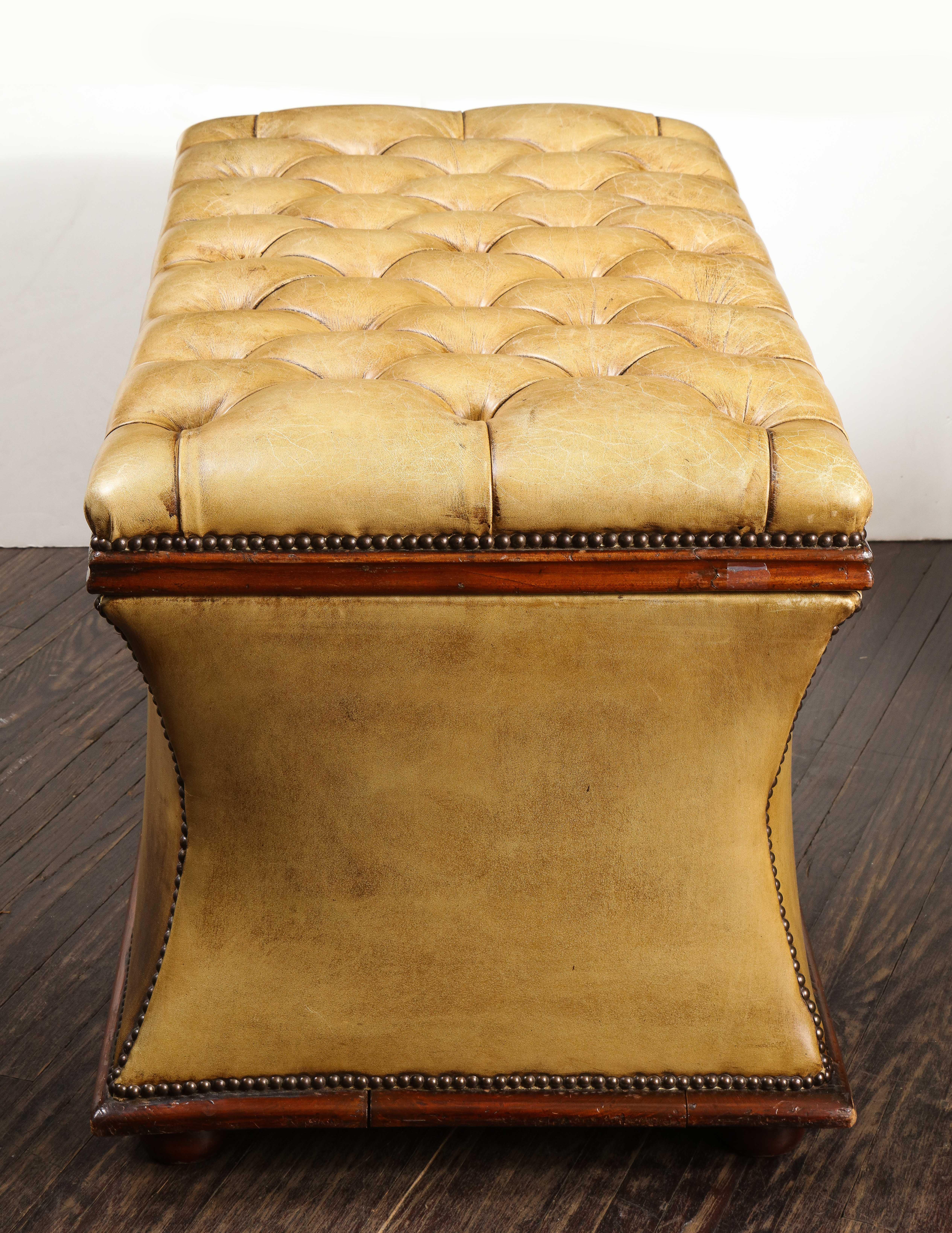 British Colonial Distressed Olive Leather Flip Top Ottoman