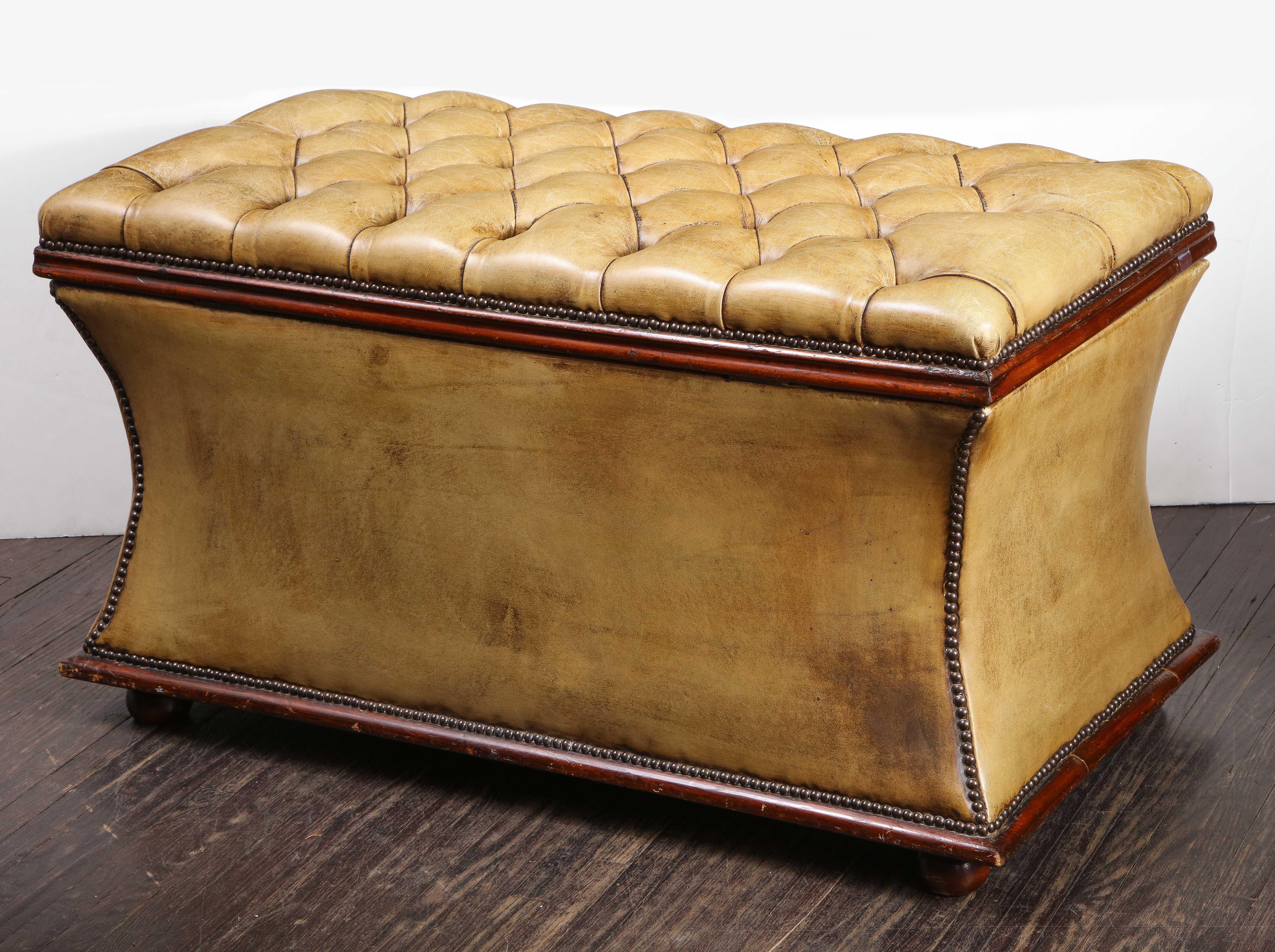American Distressed Olive Leather Flip Top Ottoman