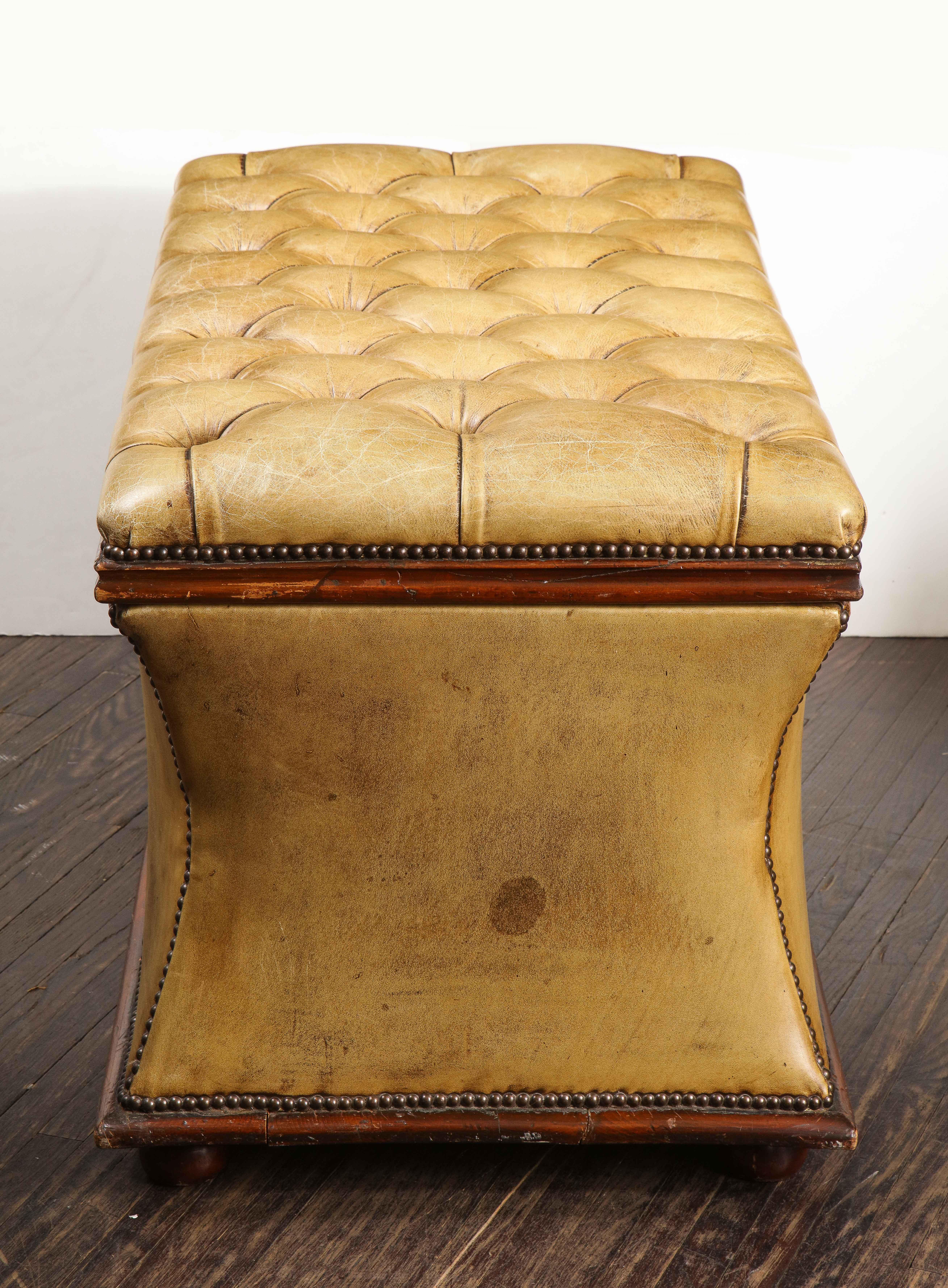 Distressed Olive Leather Flip Top Ottoman In Good Condition In New York, NY