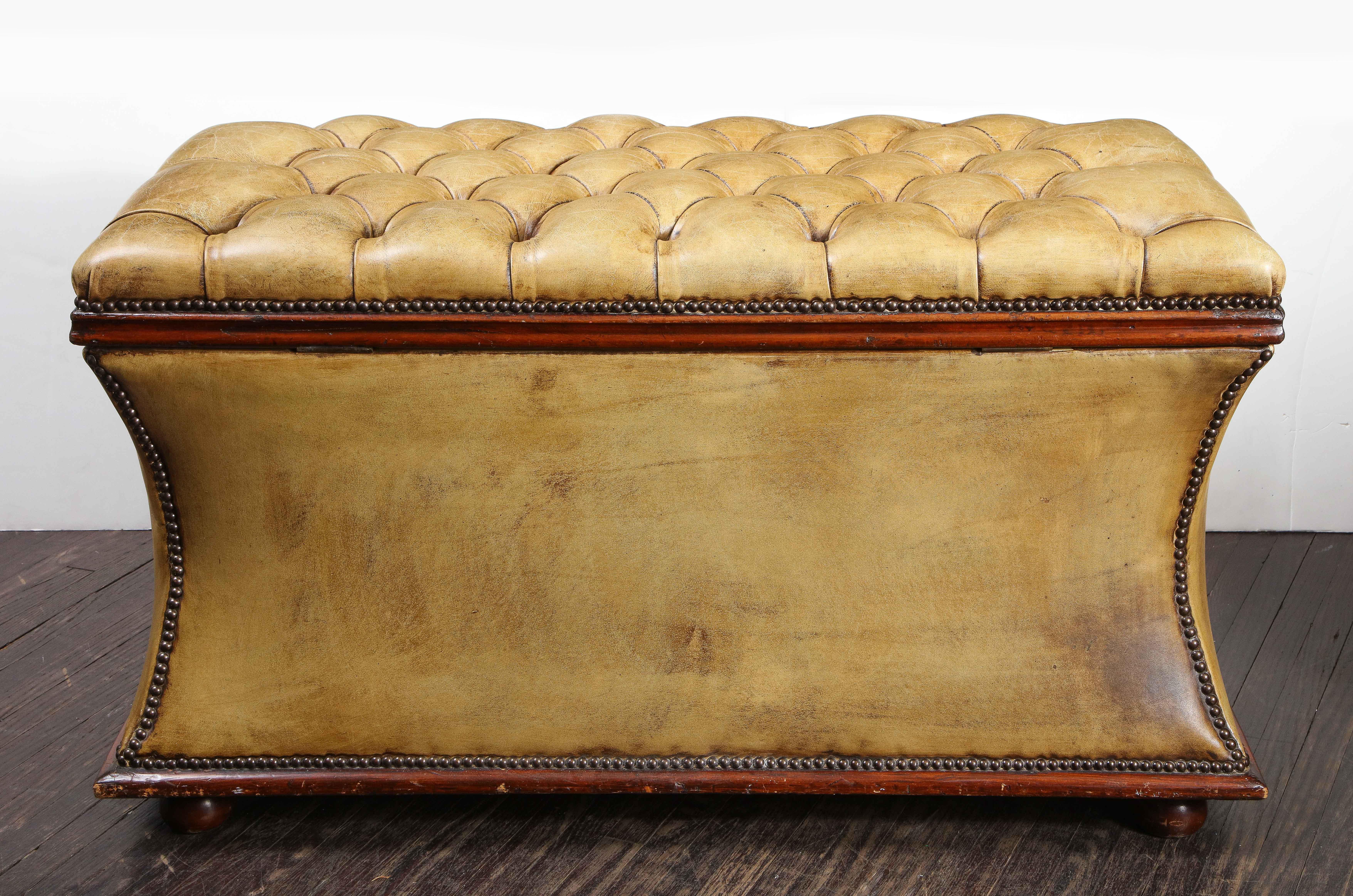 Distressed Olive Leather Flip Top, Leather Top Ottoman
