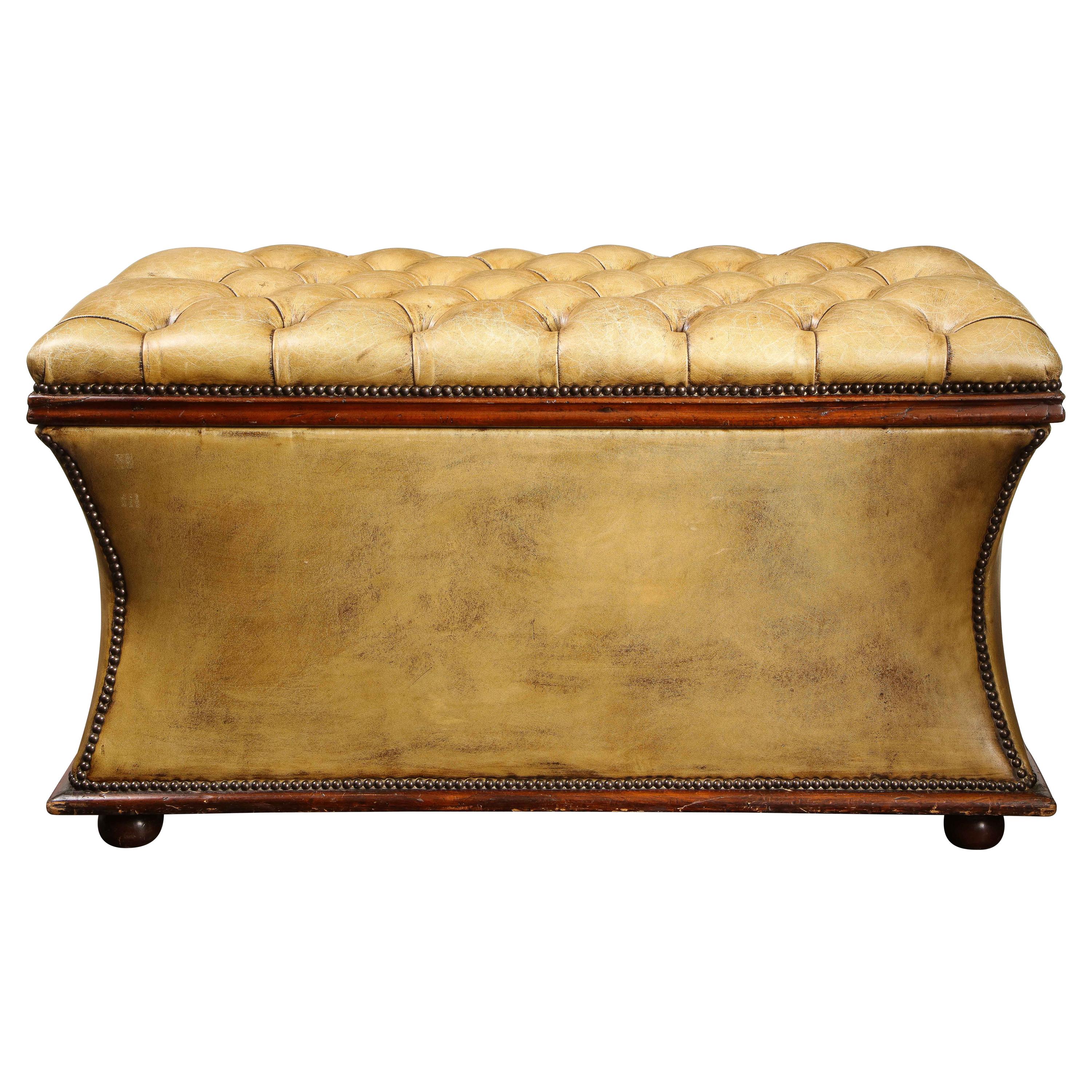 Distressed Olive Leather Flip Top Ottoman