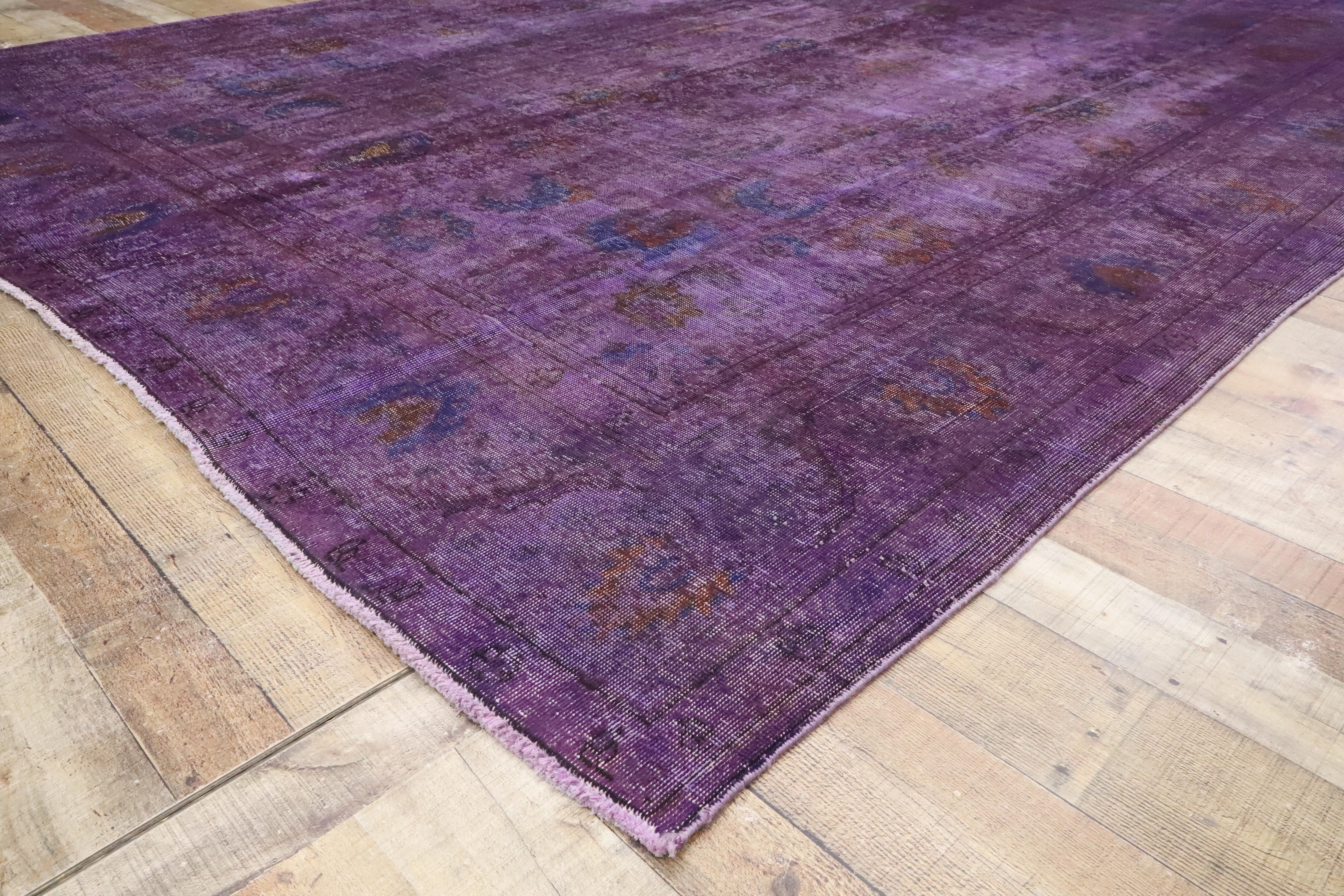 Distressed Overdyed Purple Persian Rug with PostModern Memphis Style 3