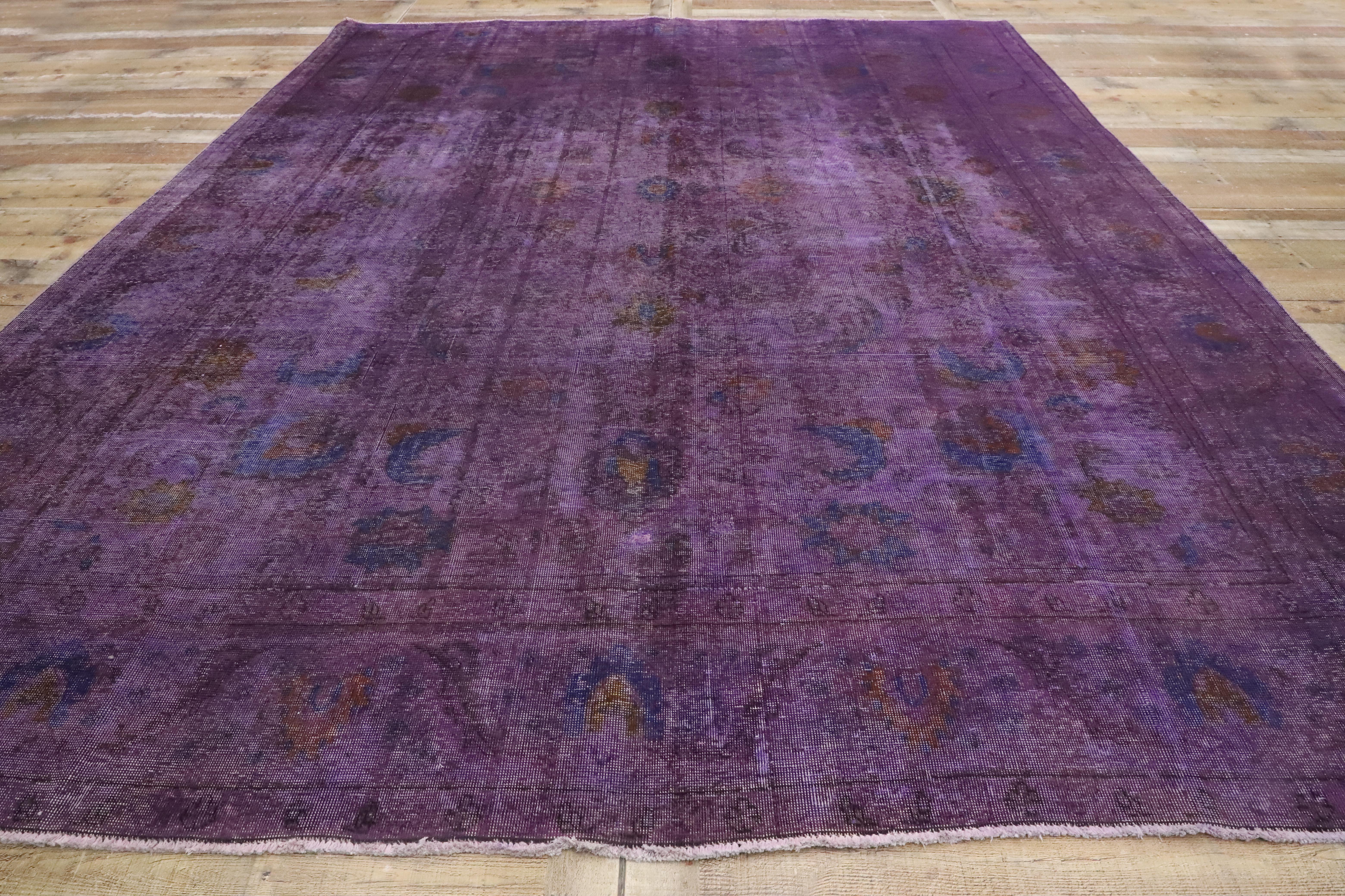 Distressed Overdyed Purple Persian Rug with PostModern Memphis Style 4