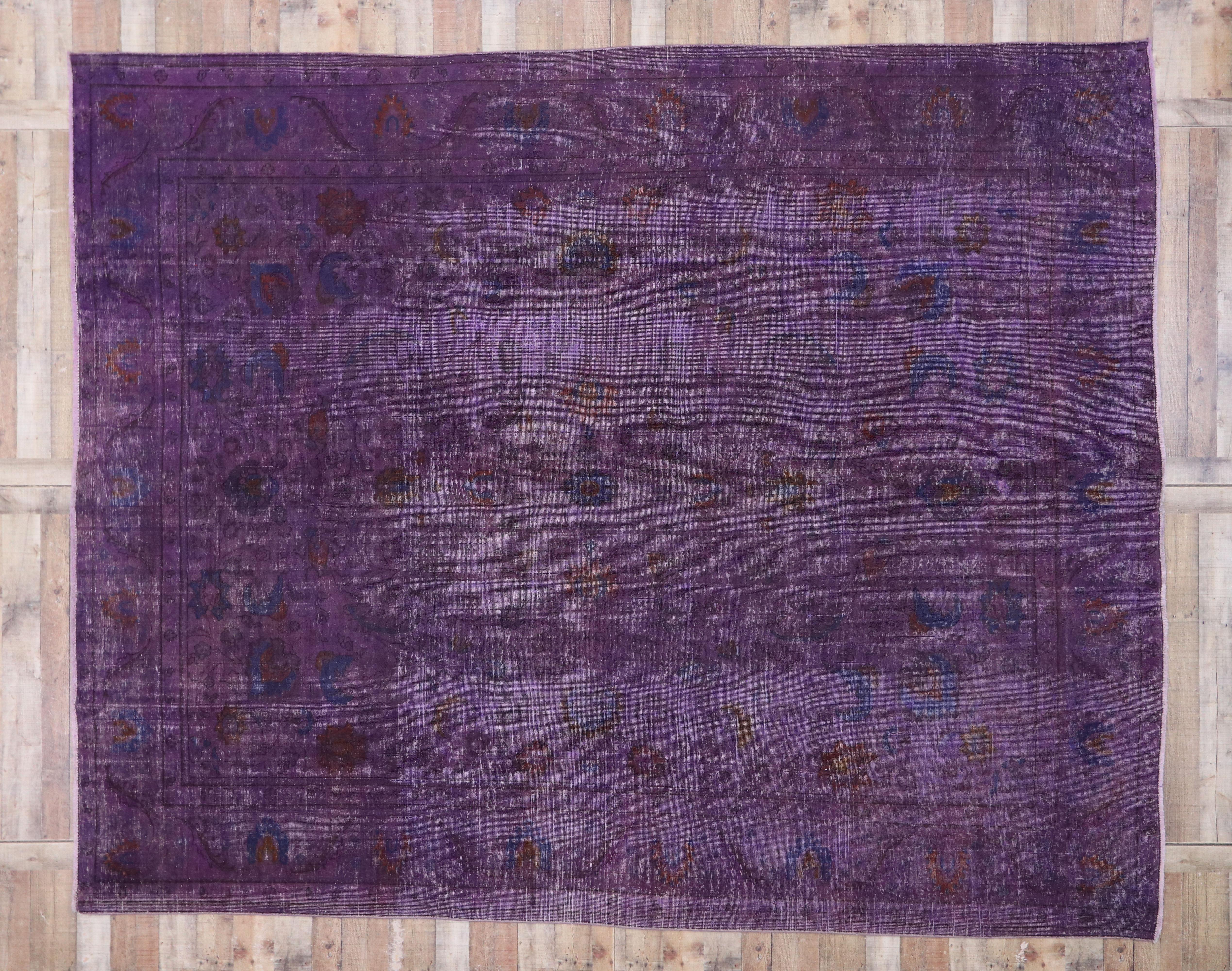 Distressed Overdyed Purple Persian Rug with PostModern Memphis Style 5