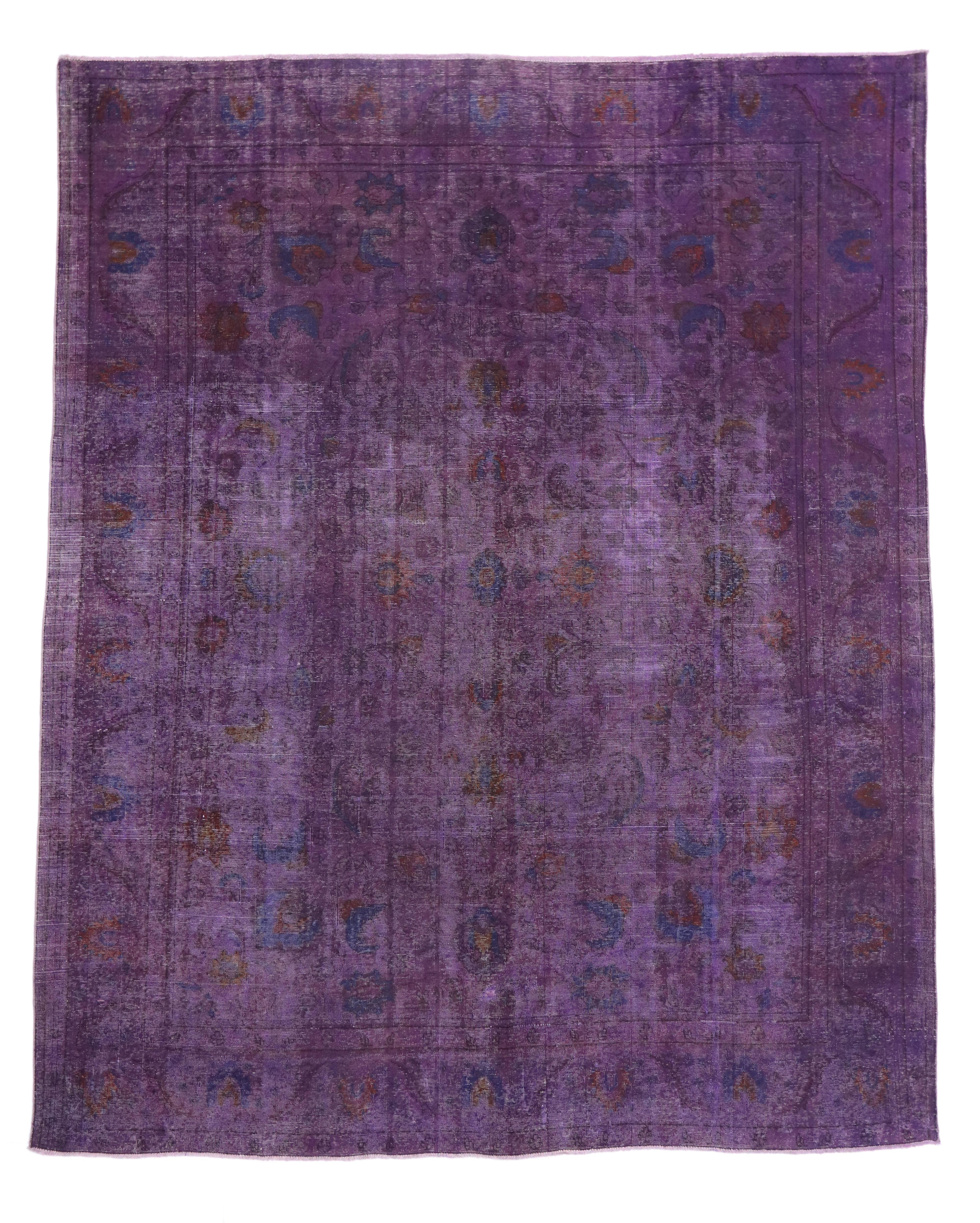 Distressed Overdyed Purple Persian Rug with PostModern Memphis Style In Distressed Condition In Dallas, TX