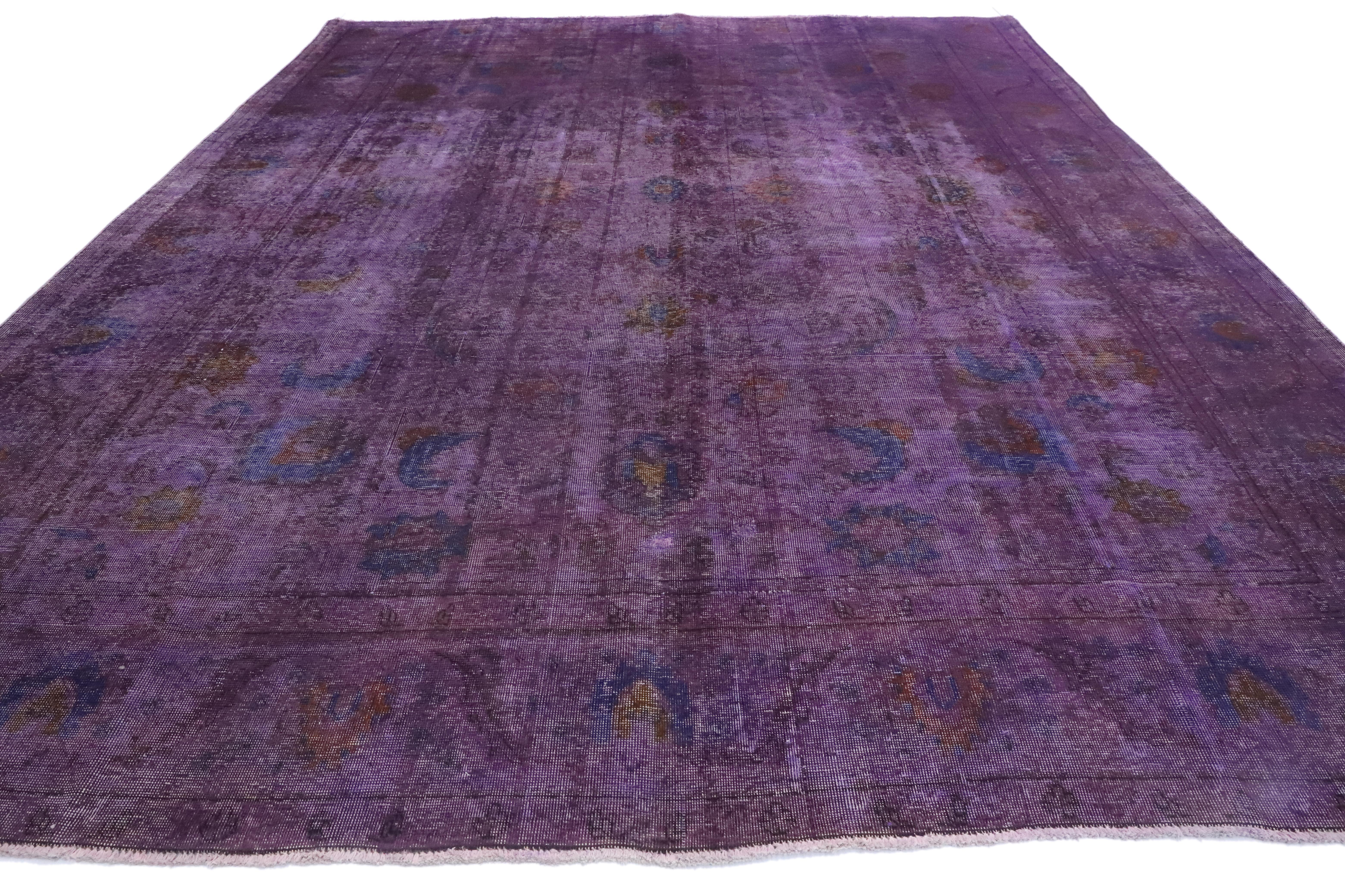 Wool Distressed Overdyed Purple Persian Rug with PostModern Memphis Style