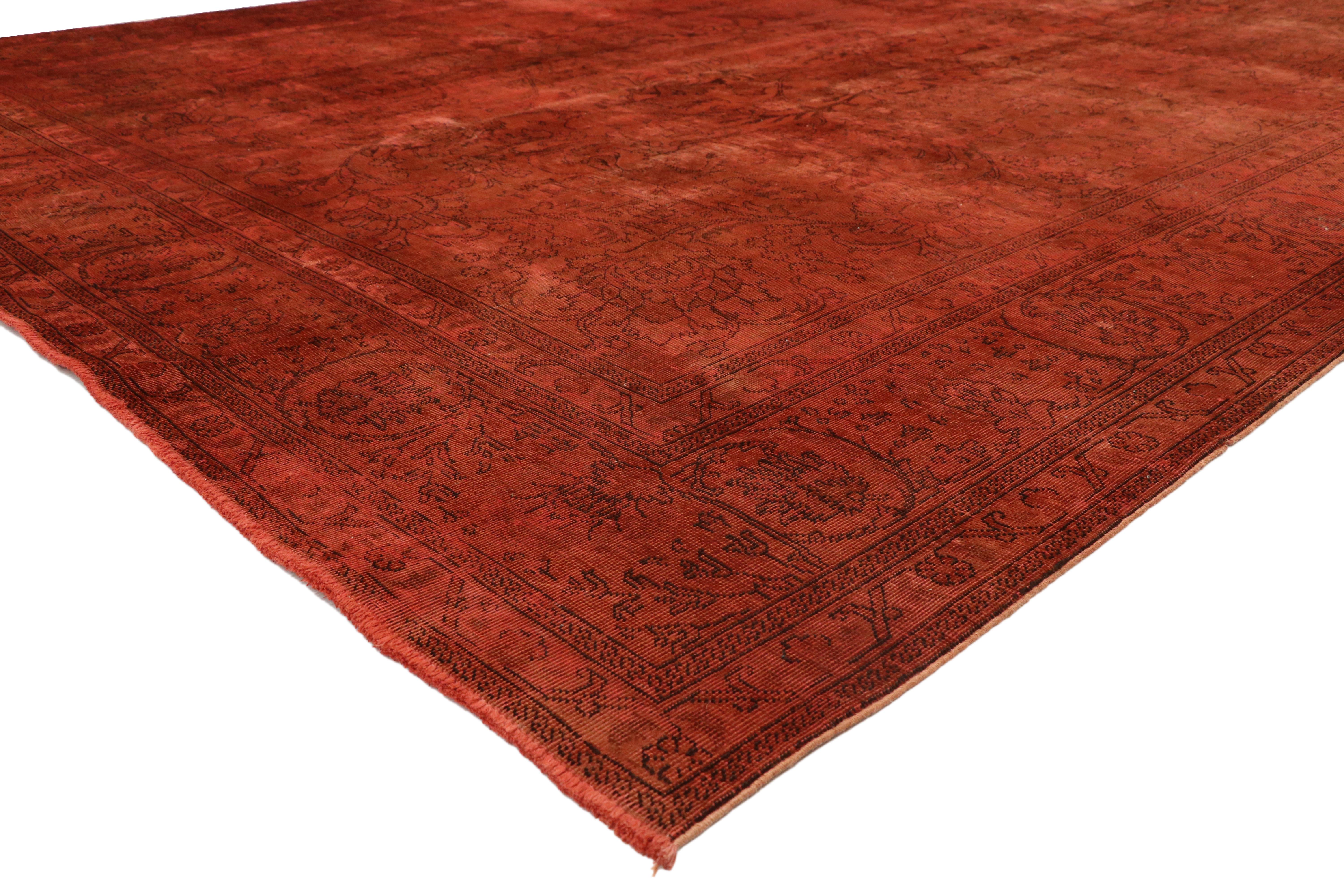80318 Distressed Overdyed Red Persian Area Rug with Contemporary Modern Style. Color pattern and an intimate patina, this distressed overdyed red Persian rug displays a contemporary modern style. With its distressed composition, luxurious blend of